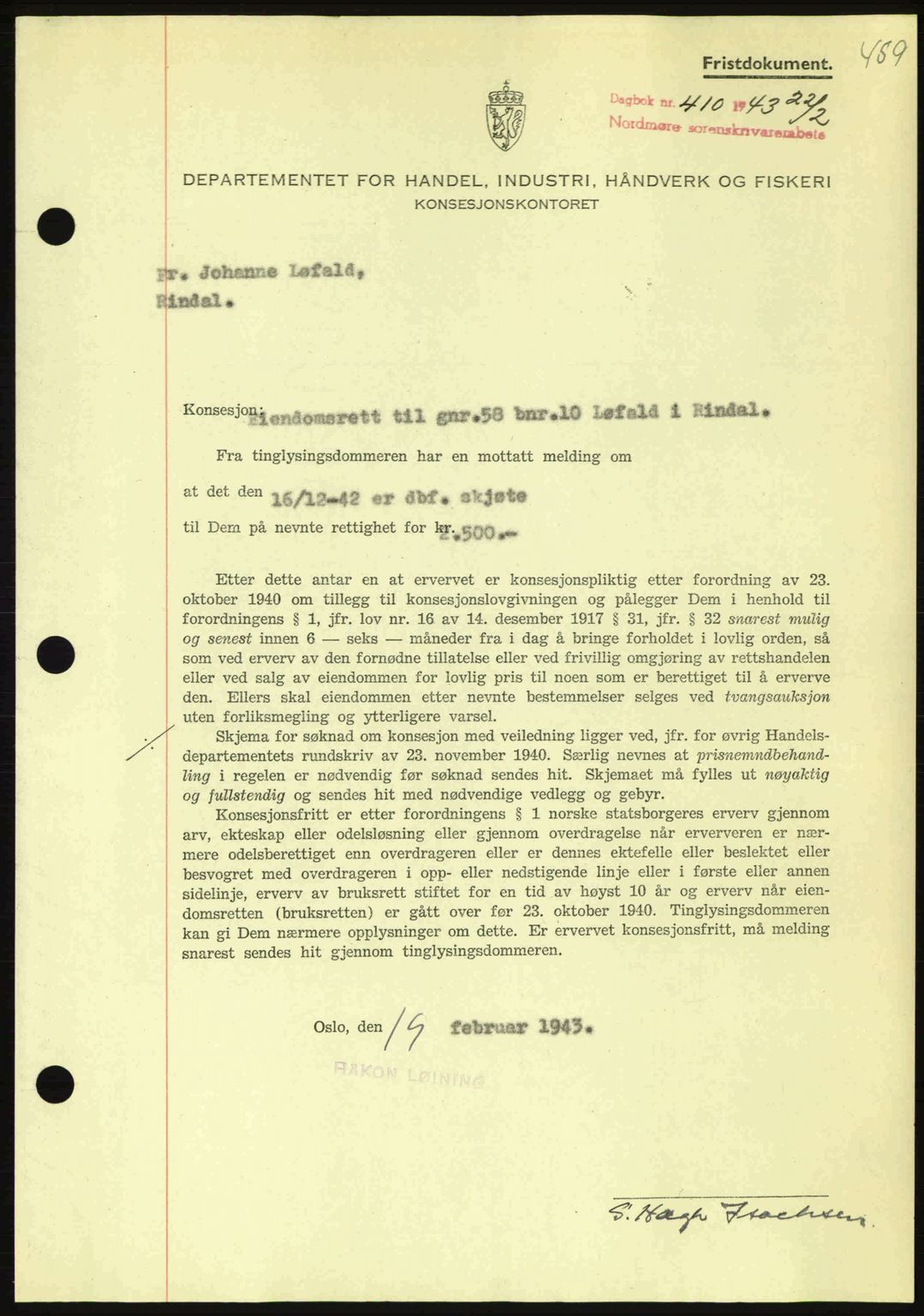 Nordmøre sorenskriveri, AV/SAT-A-4132/1/2/2Ca: Mortgage book no. B90, 1942-1943, Diary no: : 410/1943