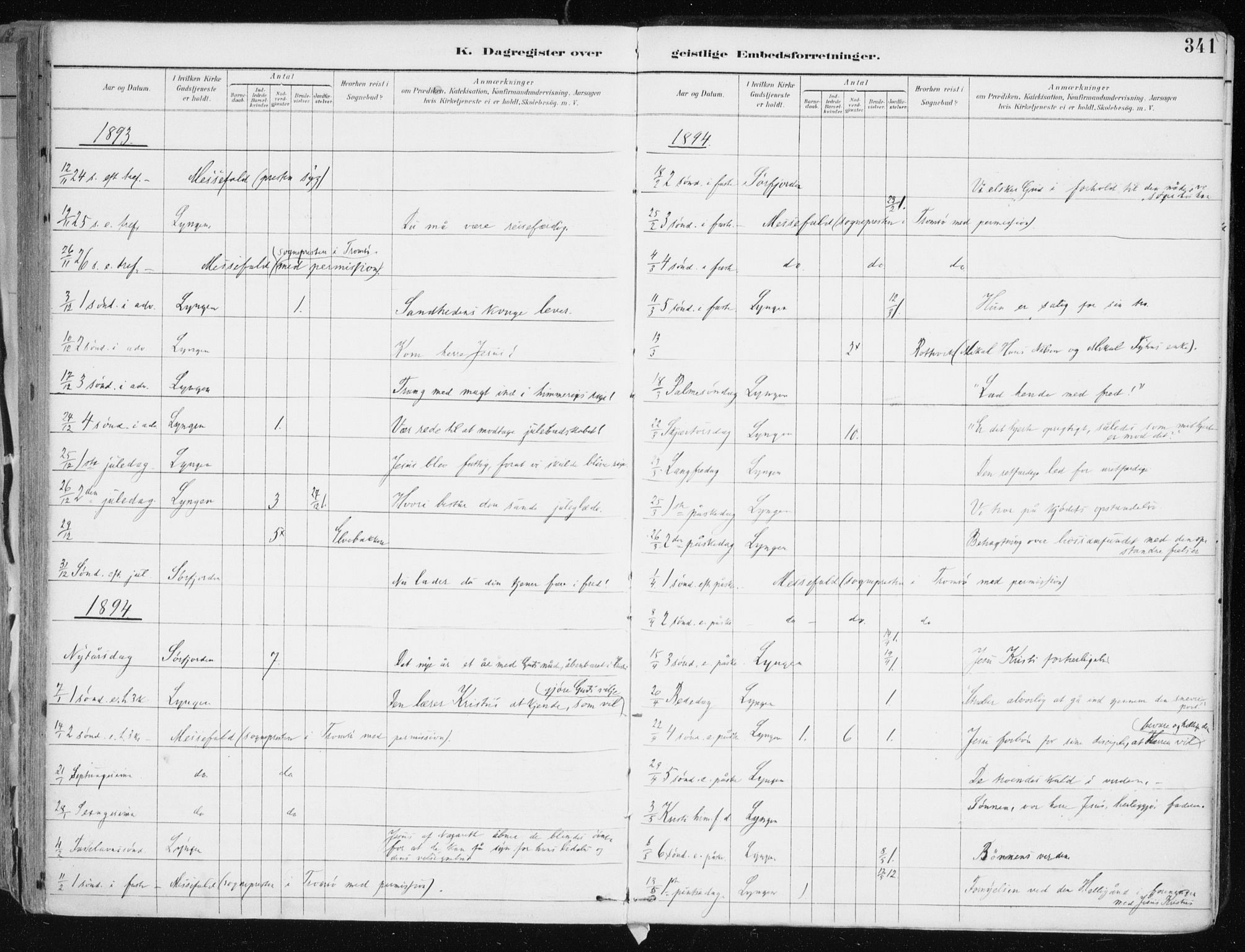Lyngen sokneprestembete, SATØ/S-1289/H/He/Hea/L0008kirke: Parish register (official) no. 8, 1891-1902, p. 341