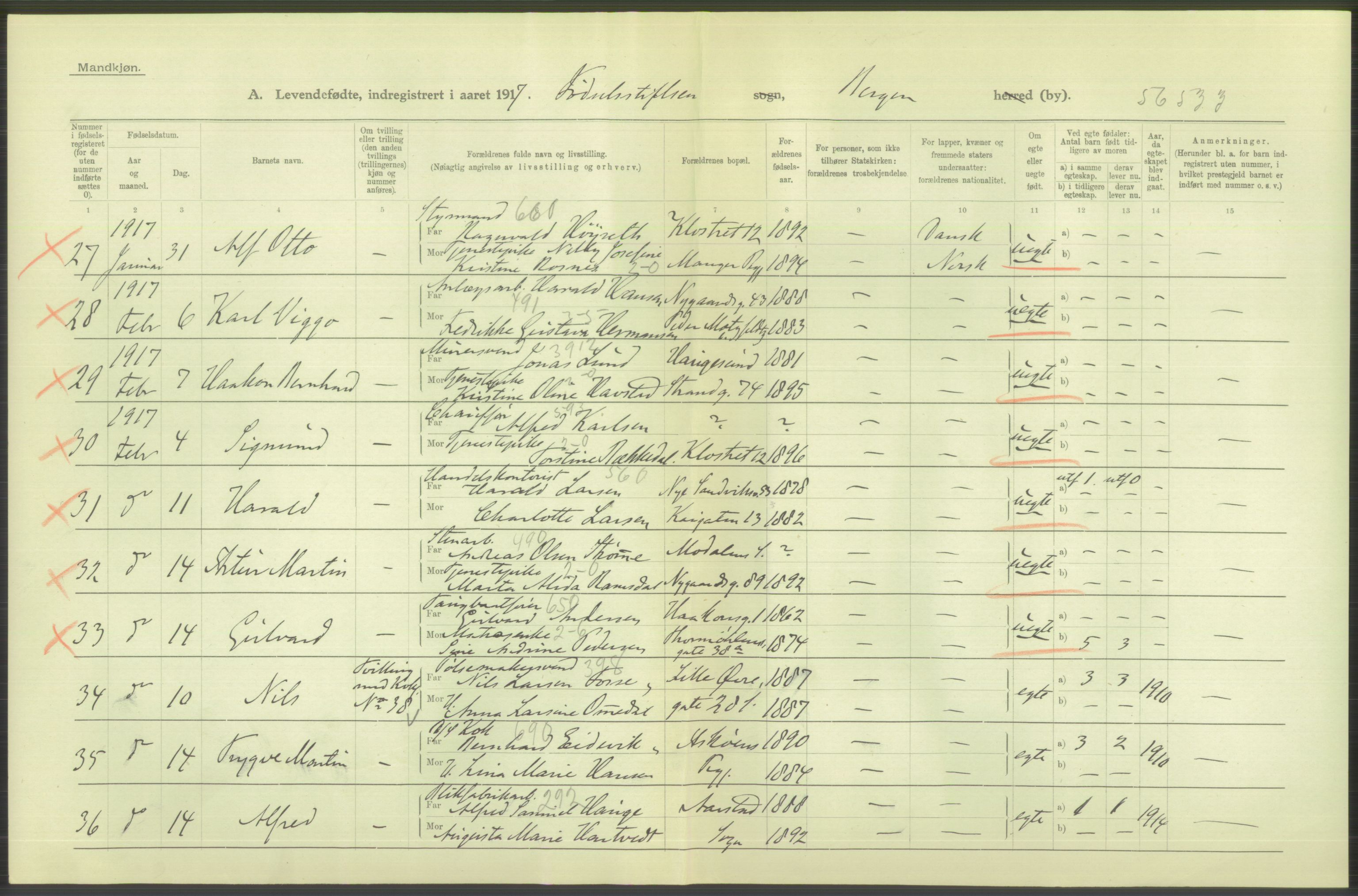 Statistisk sentralbyrå, Sosiodemografiske emner, Befolkning, RA/S-2228/D/Df/Dfb/Dfbg/L0037: Bergen: Levendefødte menn og kvinner., 1917, p. 126