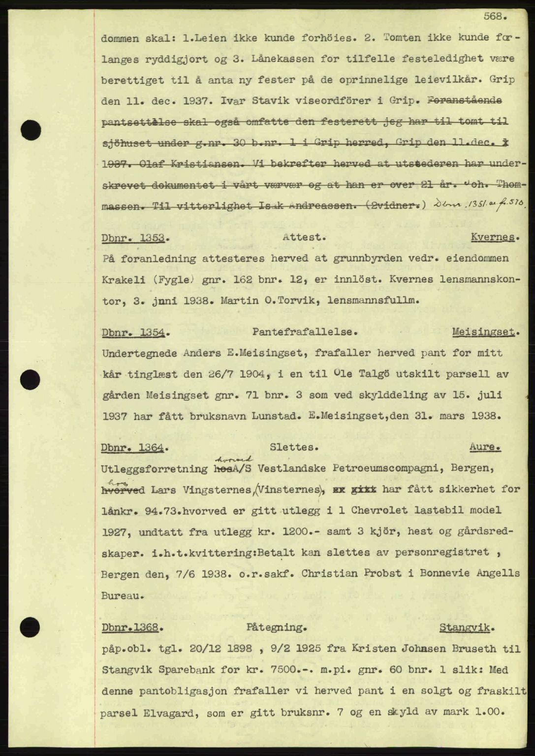 Nordmøre sorenskriveri, AV/SAT-A-4132/1/2/2Ca: Mortgage book no. C80, 1936-1939, Diary no: : 1353/1938