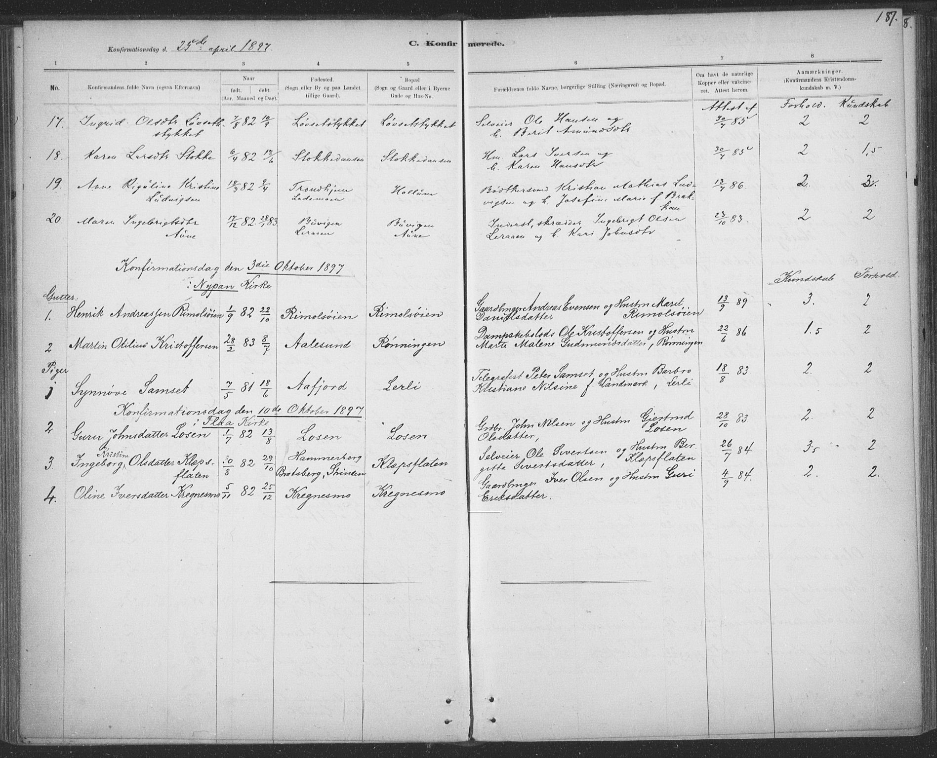 Ministerialprotokoller, klokkerbøker og fødselsregistre - Sør-Trøndelag, SAT/A-1456/691/L1085: Parish register (official) no. 691A17, 1887-1908, p. 187