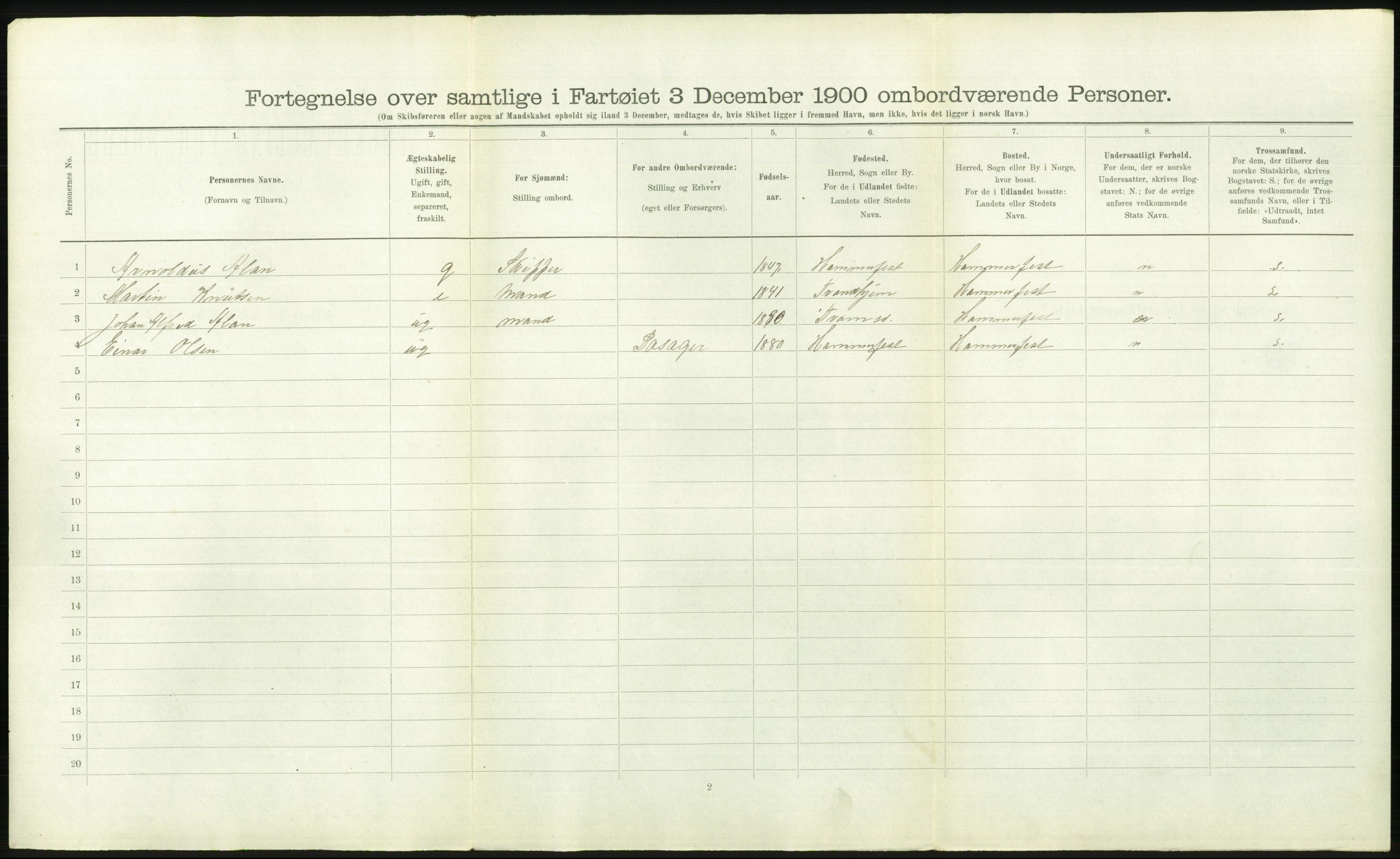 RA, 1900 Census - ship lists from ships in Norwegian harbours, harbours abroad and at sea, 1900, p. 2820