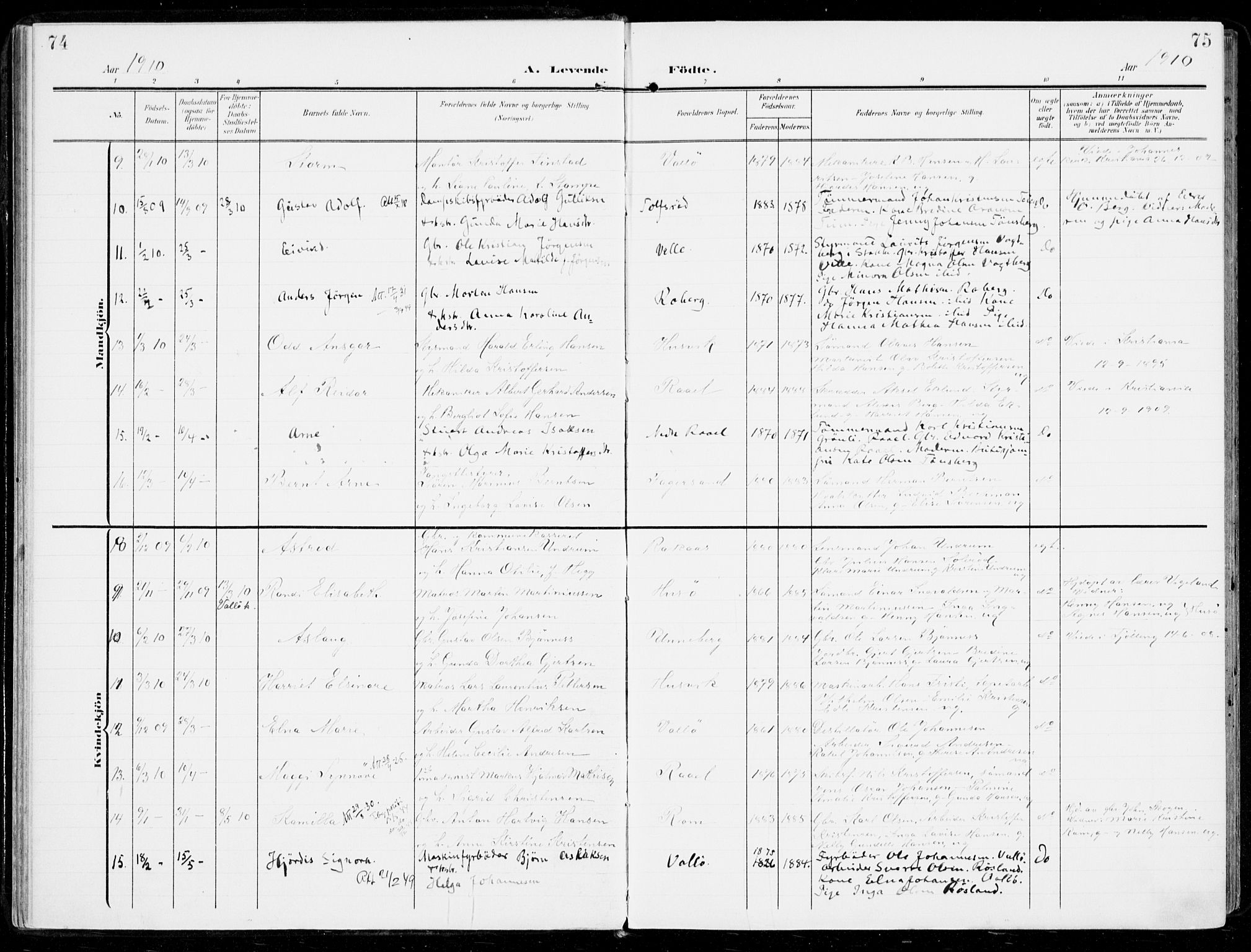 Sem kirkebøker, AV/SAKO-A-5/F/Fb/L0006: Parish register (official) no. II 6, 1905-1918, p. 74-75