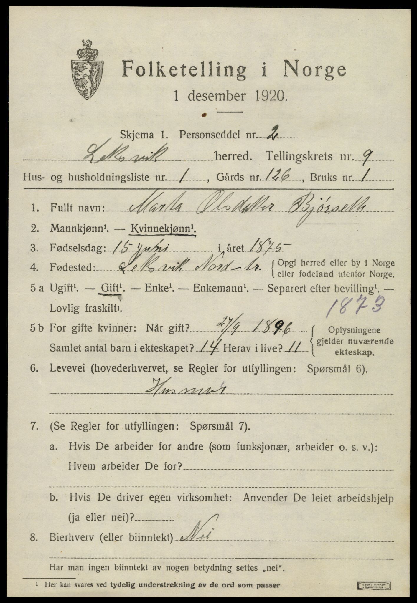 SAT, 1920 census for Leksvik, 1920, p. 6870