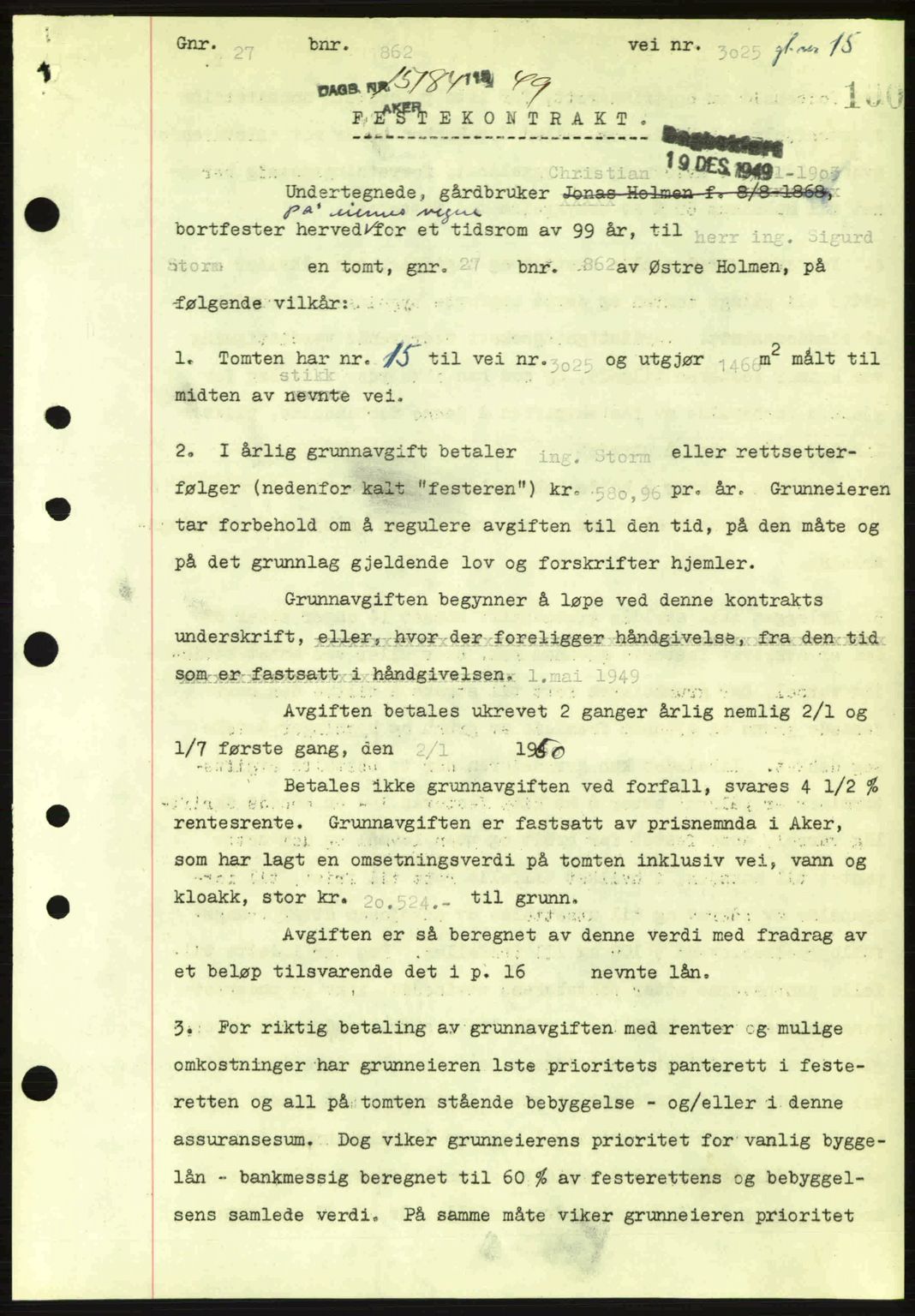Oslo byskriverembete, AV/SAO-A-10227/G/Gb/Gbd/Gbda/L0017: Mortgage book no. A215, 1949-1950, Diary no: : 15184/1949
