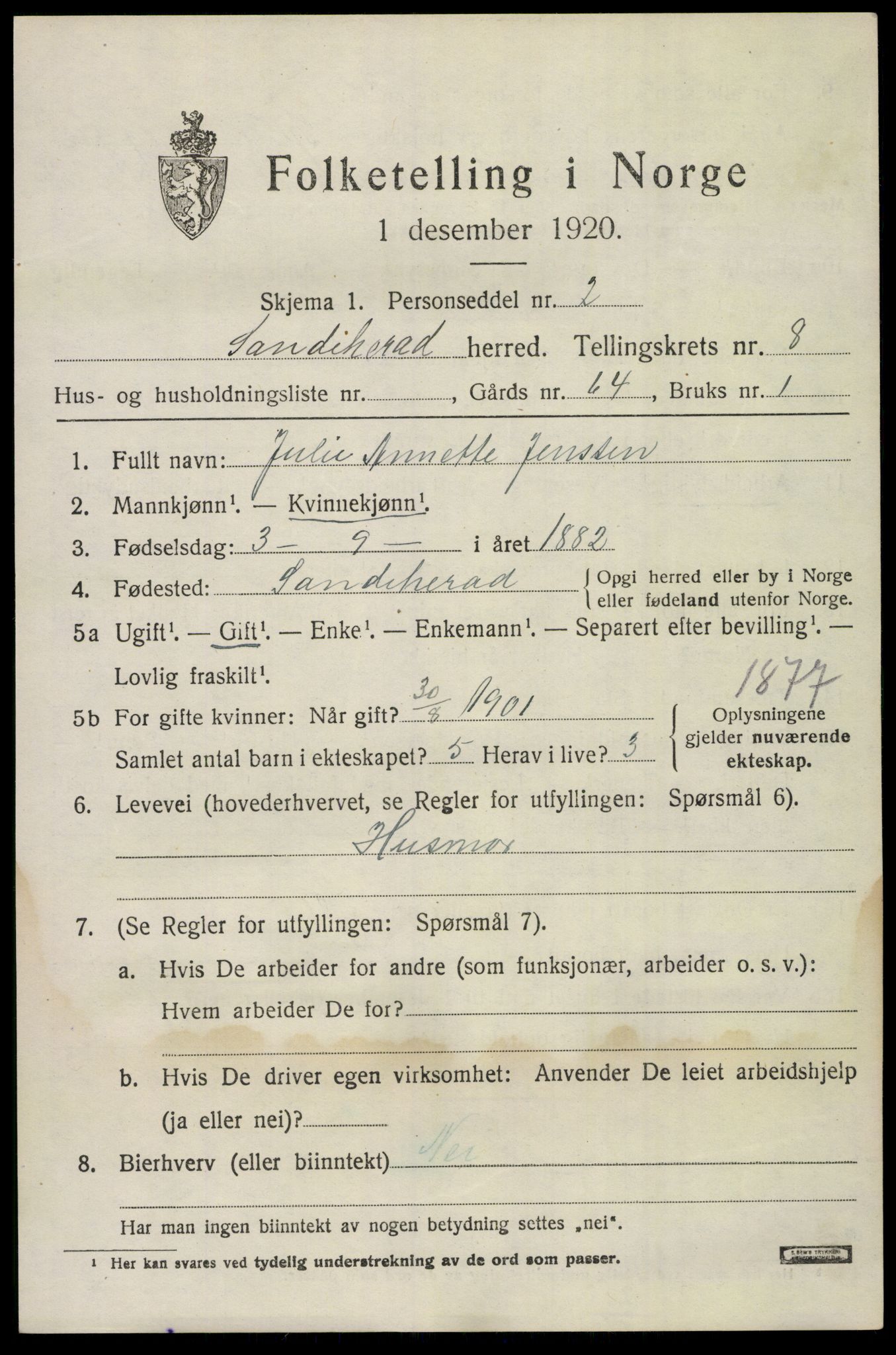 SAKO, 1920 census for Sandeherred, 1920, p. 12720