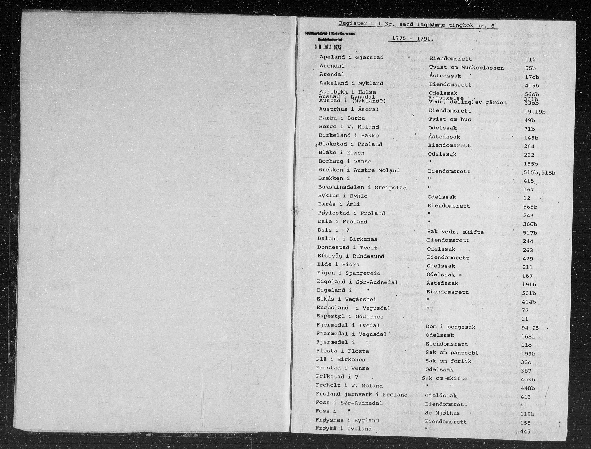 Kristiansand lagdømme, AV/SAK-1232-0001/F/Fb/L0007: Tingbok med register, 1775-1791, p. 0-1