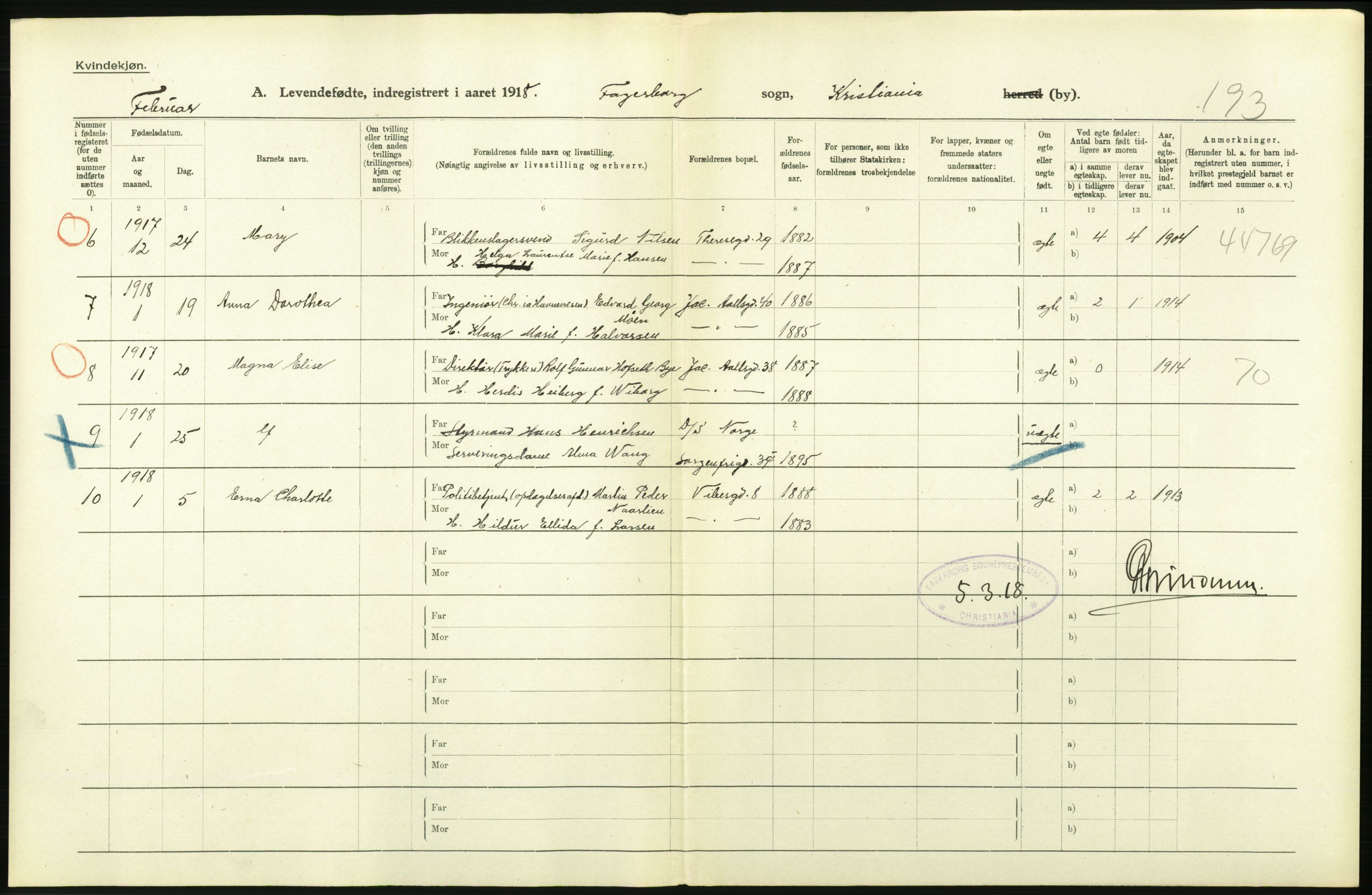 Statistisk sentralbyrå, Sosiodemografiske emner, Befolkning, AV/RA-S-2228/D/Df/Dfb/Dfbh/L0007: Kristiania: Levendefødte menn og kvinner., 1918, p. 360