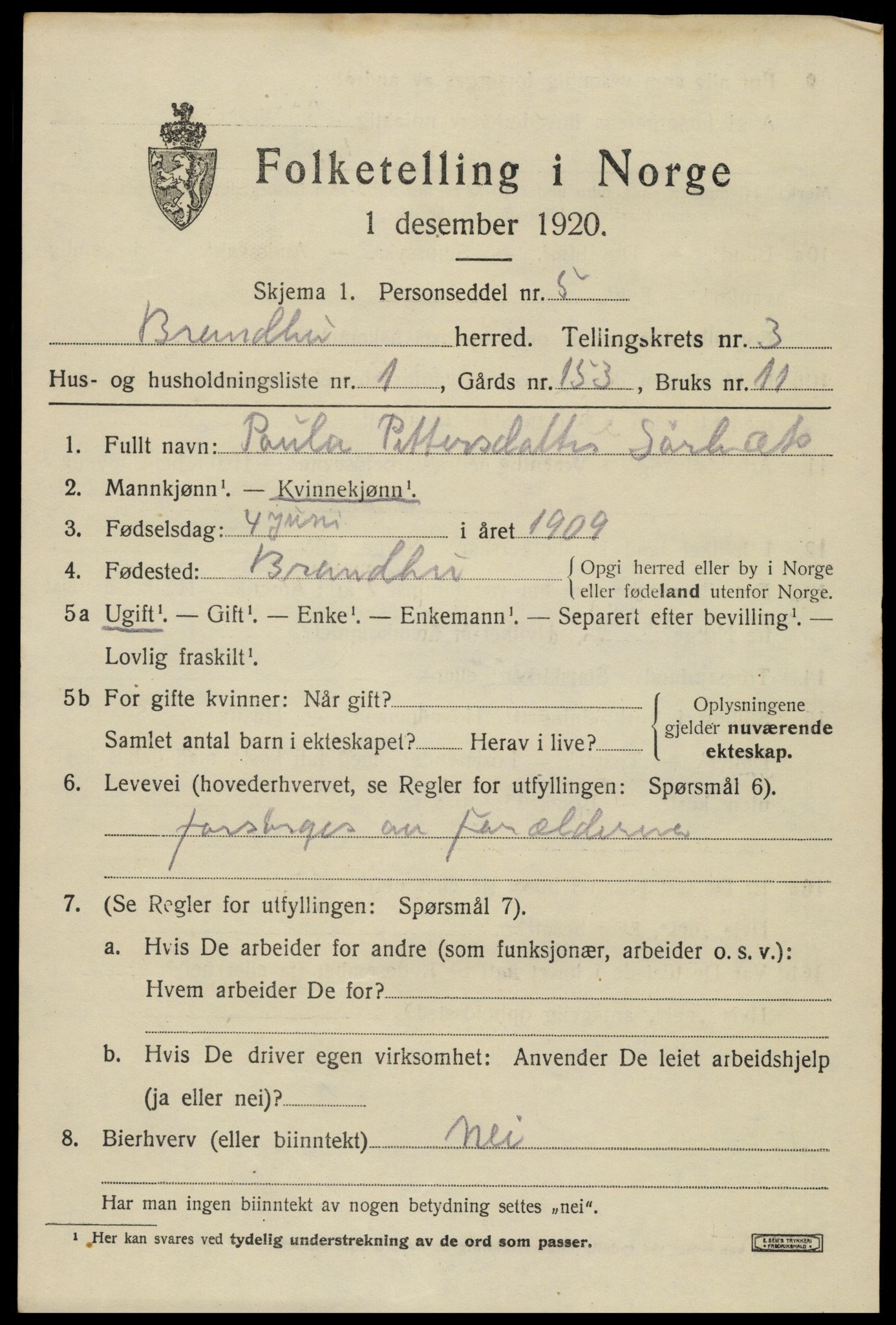 SAH, 1920 census for Brandbu, 1920, p. 8025