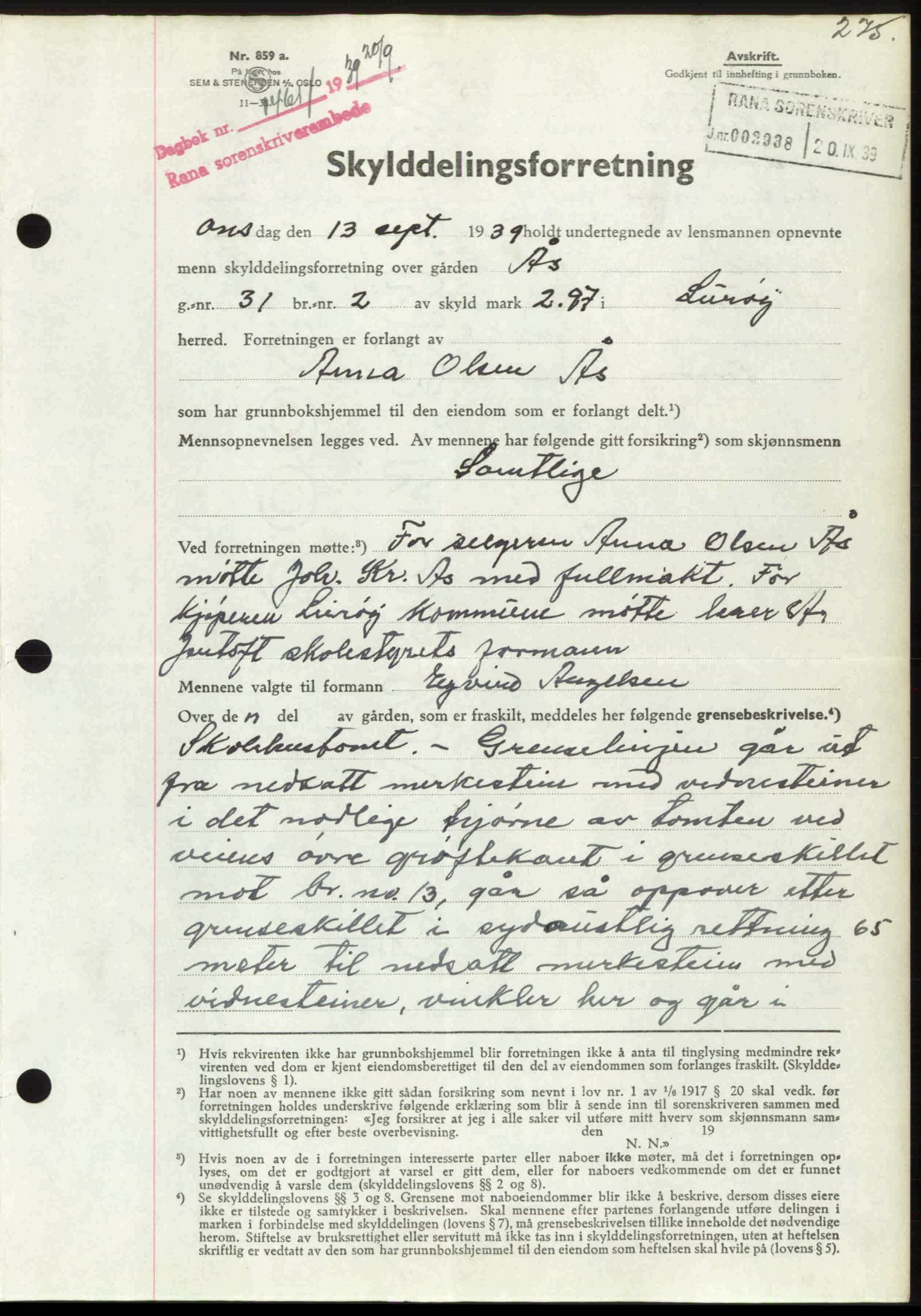 Rana sorenskriveri , SAT/A-1108/1/2/2C: Mortgage book no. A 6, 1939-1940, Diary no: : 1461/1939