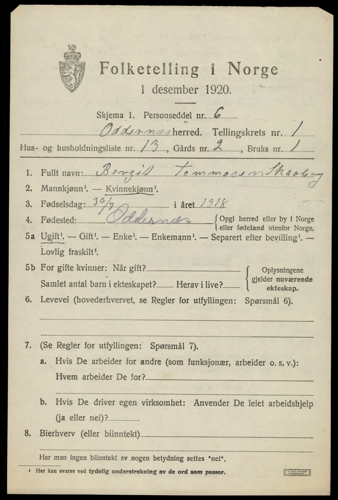 SAK, 1920 census for Oddernes, 1920, p. 2171