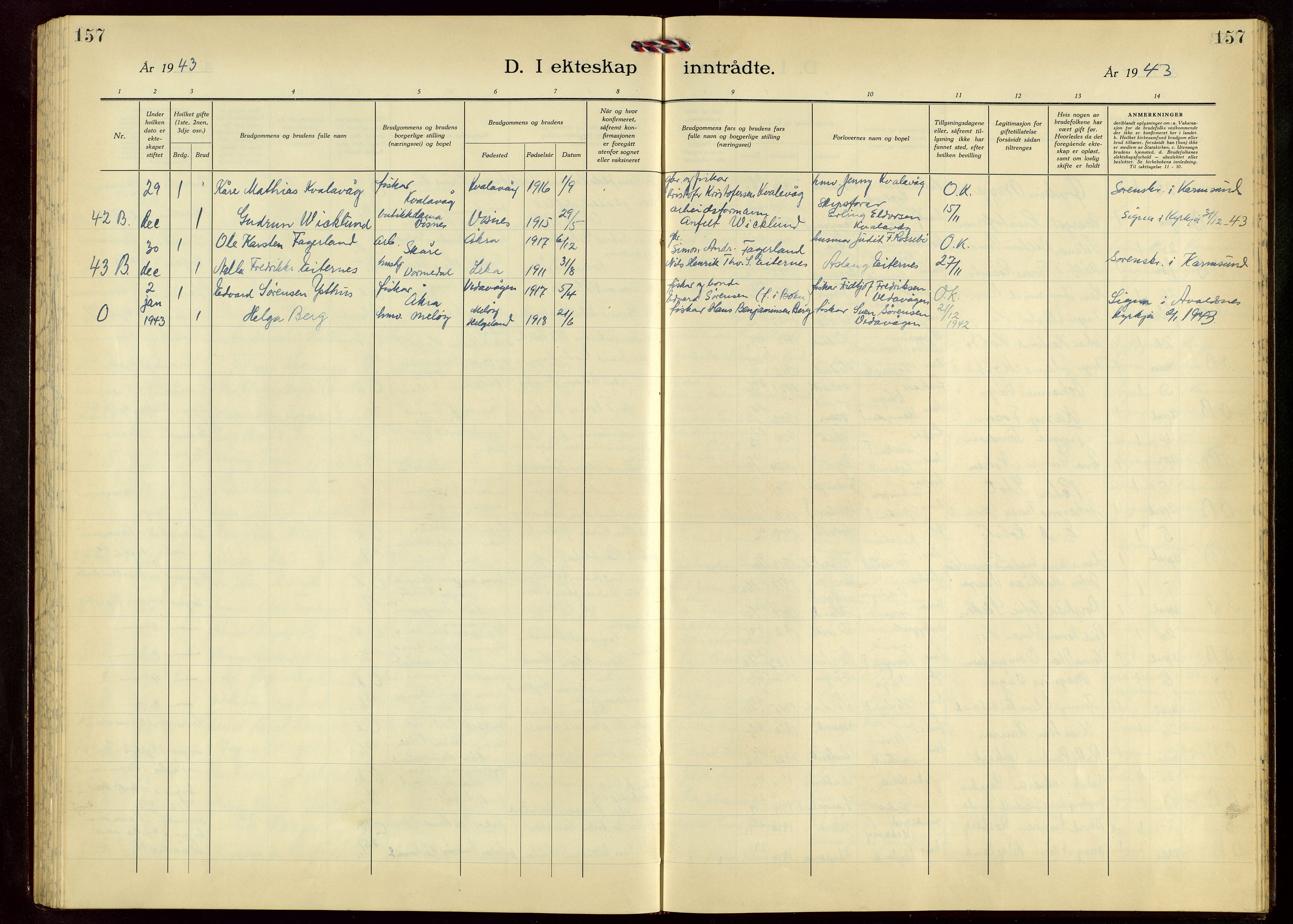 Avaldsnes sokneprestkontor, AV/SAST-A -101851/H/Ha/Hab/L0009: Parish register (copy) no. B 9, 1940-1958, p. 157