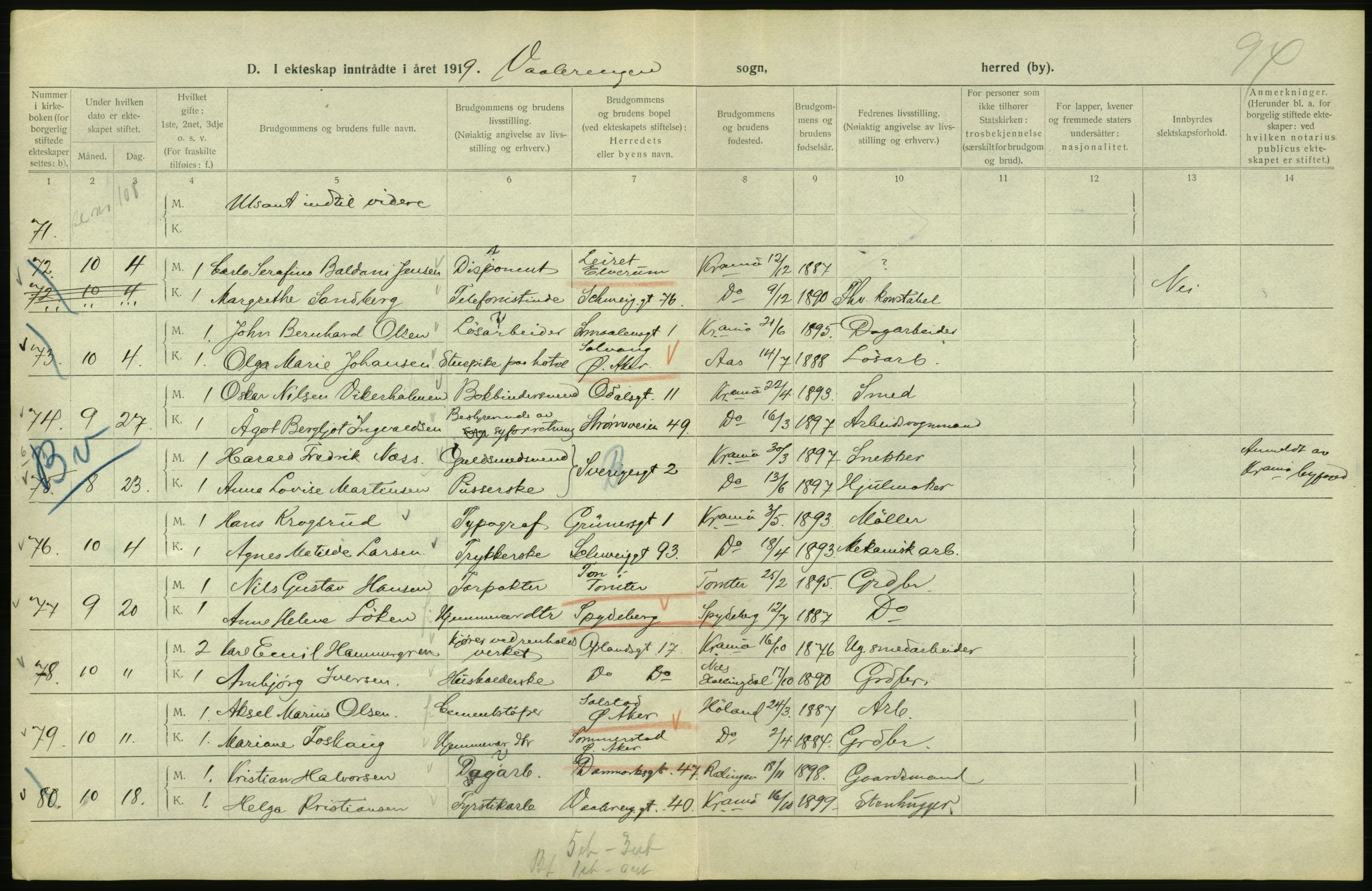 Statistisk sentralbyrå, Sosiodemografiske emner, Befolkning, AV/RA-S-2228/D/Df/Dfb/Dfbi/L0009: Kristiania: Gifte, 1919, p. 818