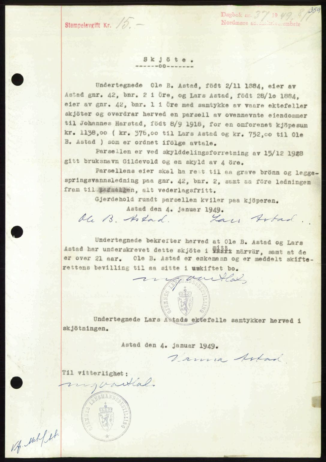 Nordmøre sorenskriveri, AV/SAT-A-4132/1/2/2Ca: Mortgage book no. A110, 1948-1949, Diary no: : 37/1949