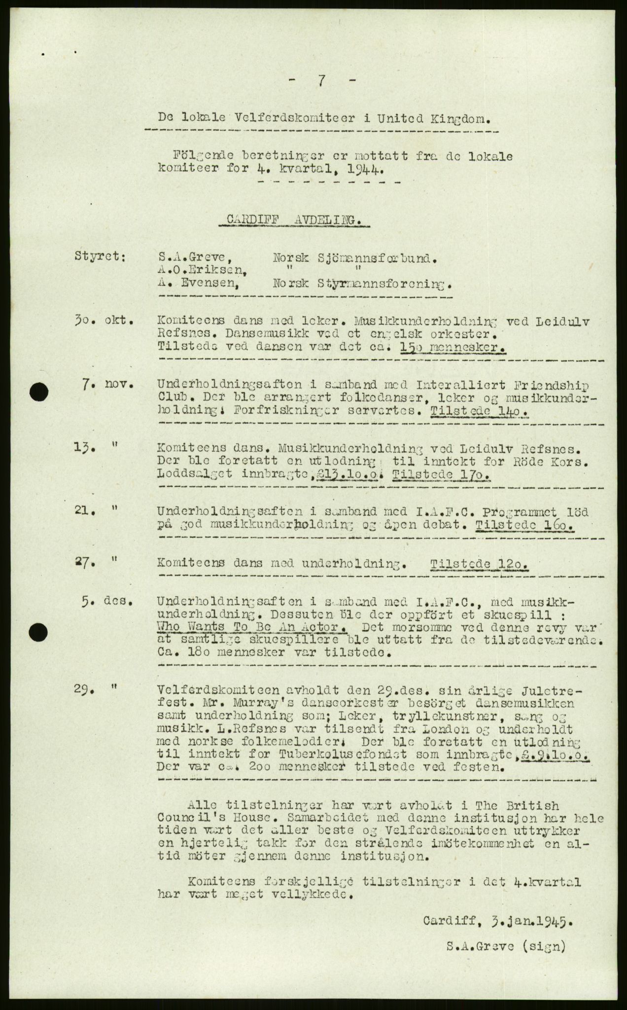 Riksrevisjonen, 18. kontor, RA/S-1523/041/E/Ea/L0039/0001: Rapporter Rapporter / sjømannsorganisasjonenes velferdskomité. Diverse rapporter, 1943-1945