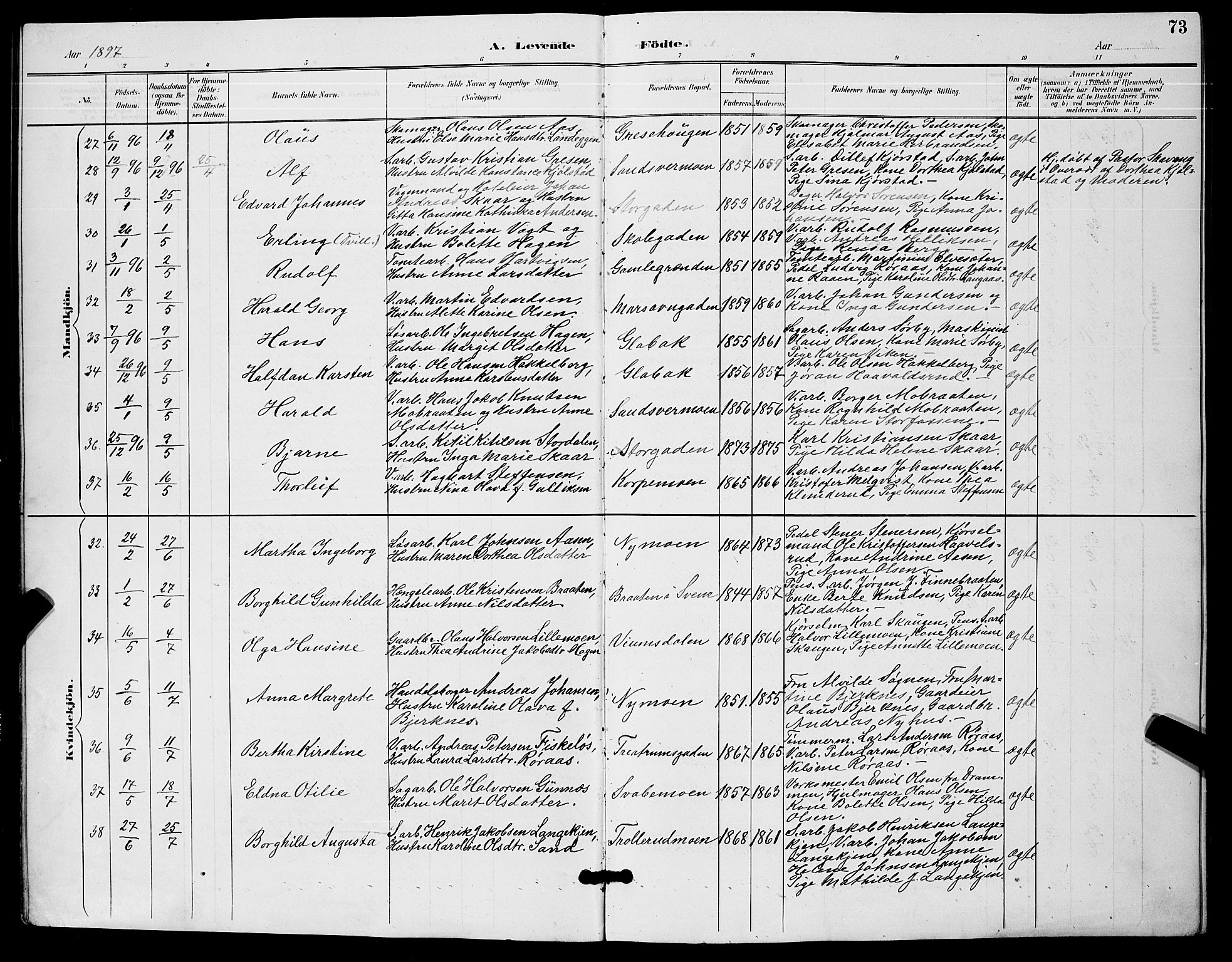 Kongsberg kirkebøker, AV/SAKO-A-22/G/Ga/L0006: Parish register (copy) no. 6, 1890-1901, p. 73