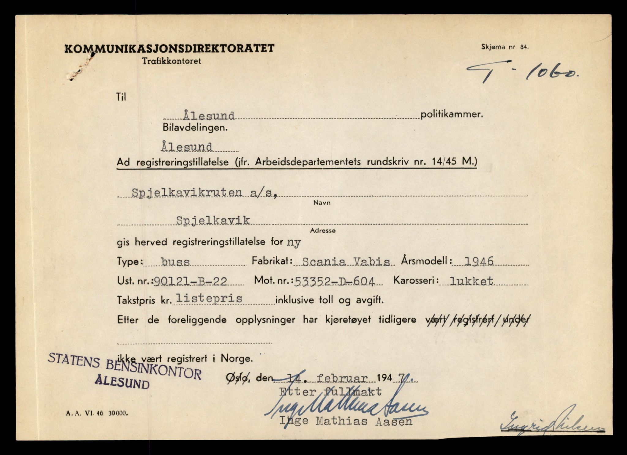 Møre og Romsdal vegkontor - Ålesund trafikkstasjon, AV/SAT-A-4099/F/Fe/L0010: Registreringskort for kjøretøy T 1050 - T 1169, 1927-1998, p. 292