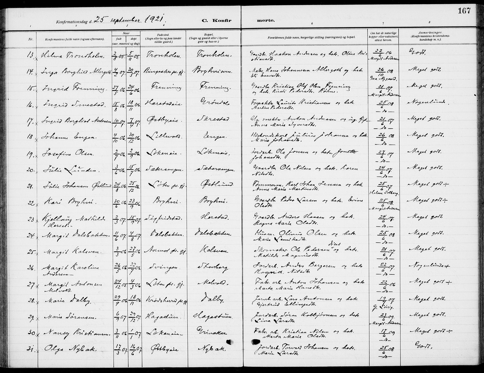 Romedal prestekontor, SAH/PREST-004/K/L0012: Parish register (official) no. 12, 1913-1935, p. 167