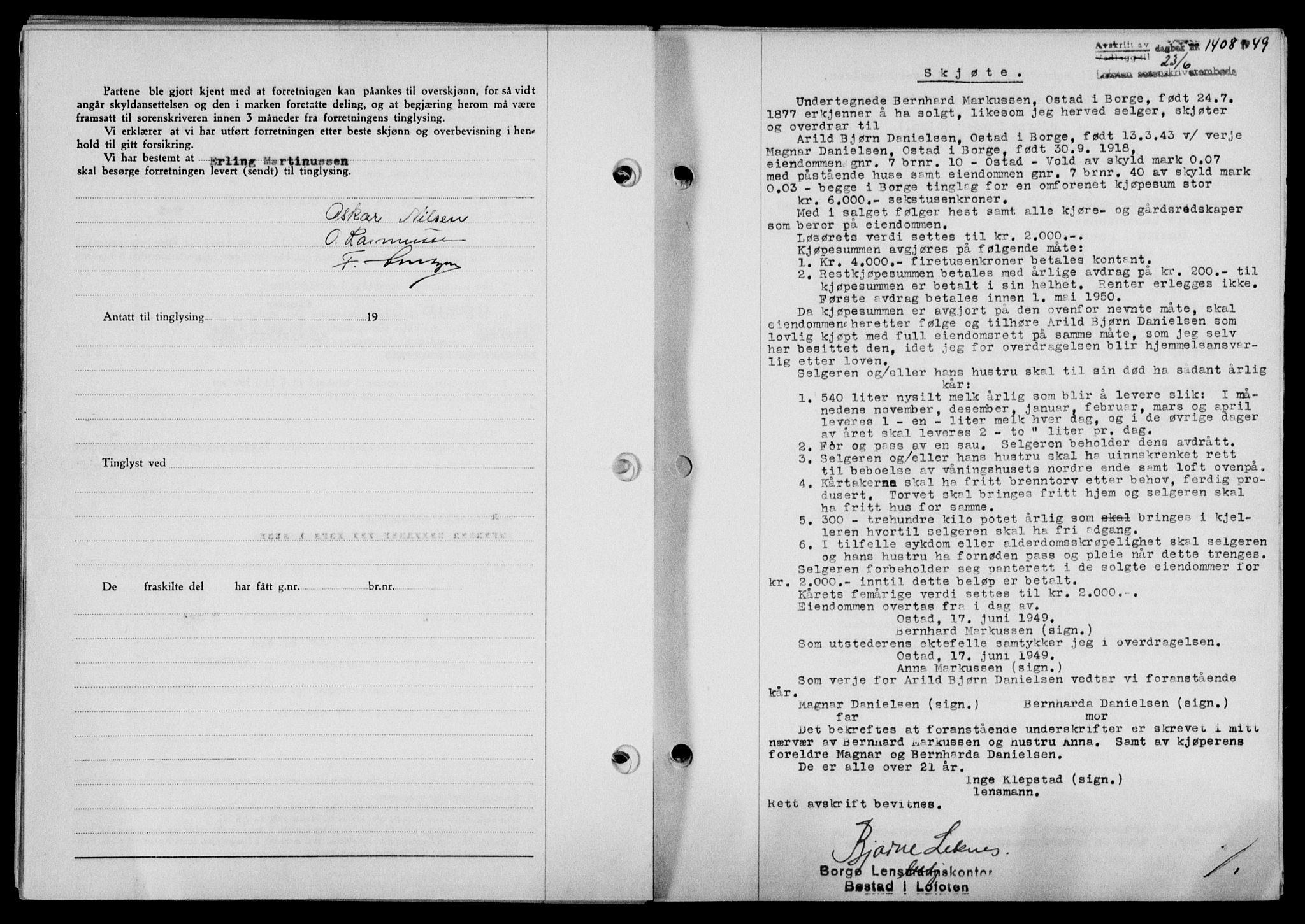 Lofoten sorenskriveri, SAT/A-0017/1/2/2C/L0021a: Mortgage book no. 21a, 1949-1949, Diary no: : 1408/1949