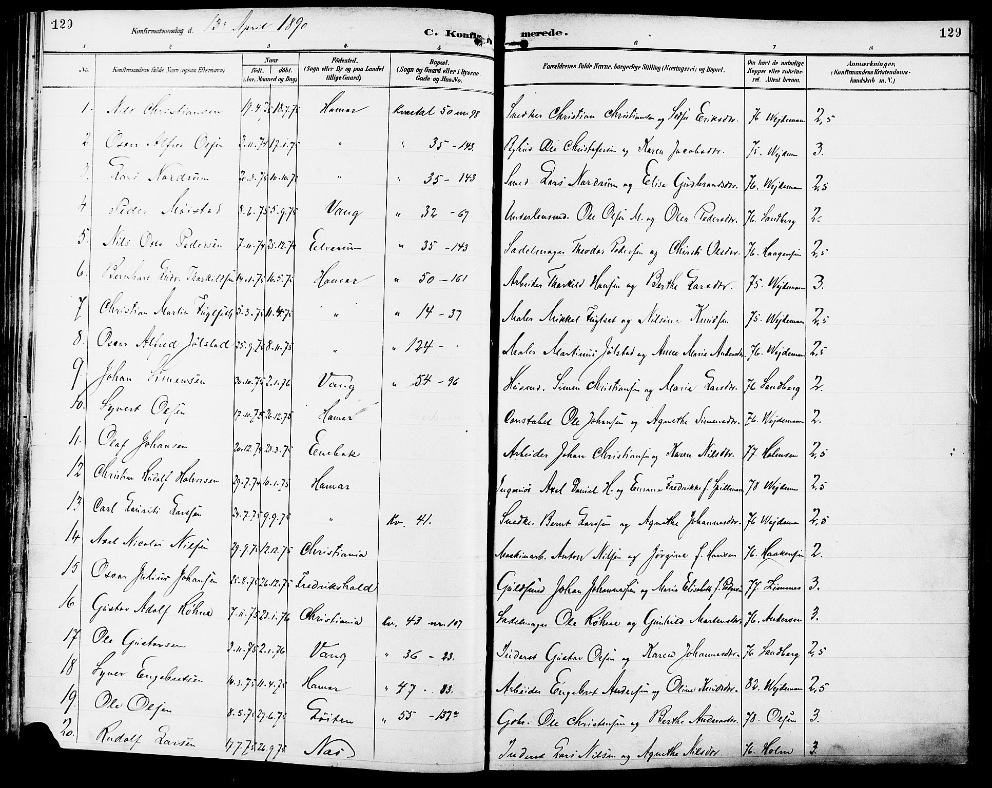 Vang prestekontor, Hedmark, AV/SAH-PREST-008/H/Ha/Haa/L0017: Parish register (official) no. 17, 1890-1899, p. 129