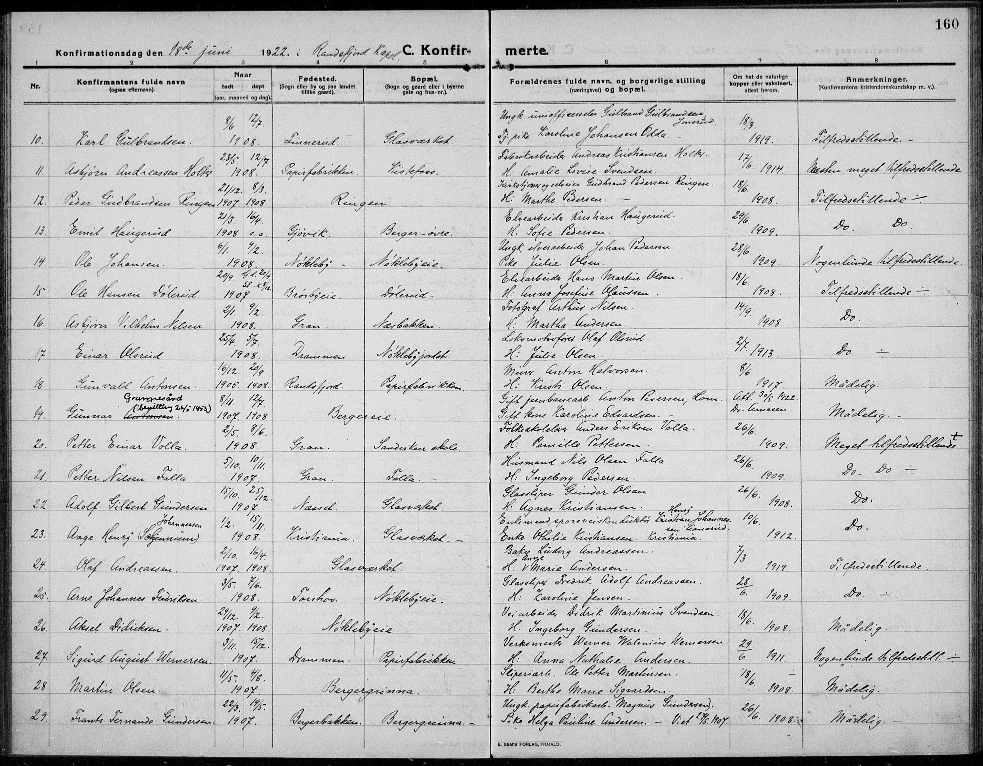 Jevnaker prestekontor, SAH/PREST-116/H/Ha/Haa/L0012: Parish register (official) no. 12, 1914-1924, p. 160