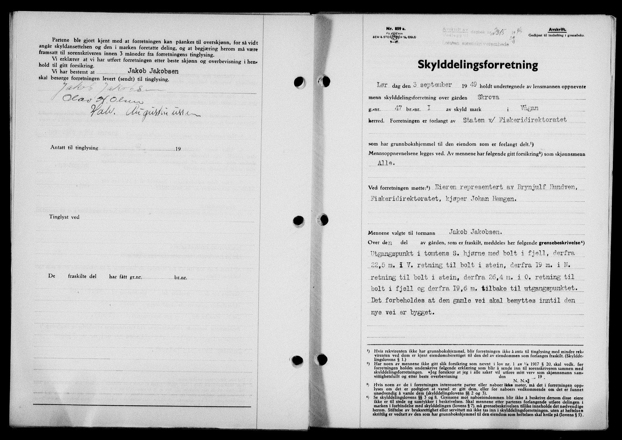 Lofoten sorenskriveri, SAT/A-0017/1/2/2C/L0021a: Mortgage book no. 21a, 1949-1949, Diary no: : 2315/1949