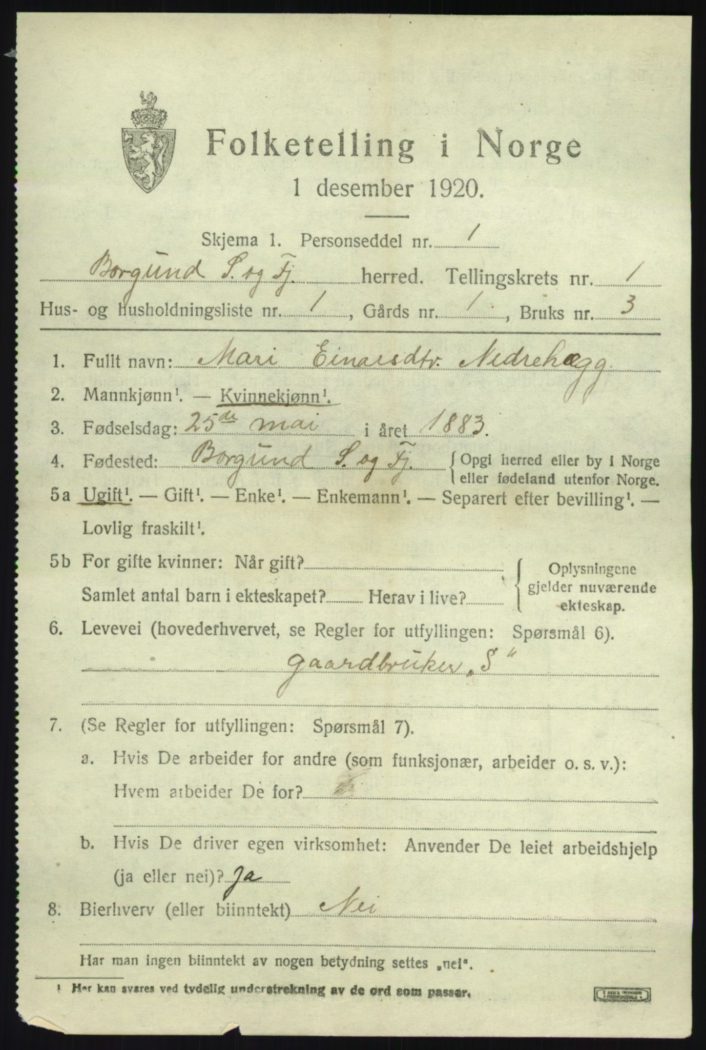 SAB, 1920 census for Borgund, 1920, p. 250