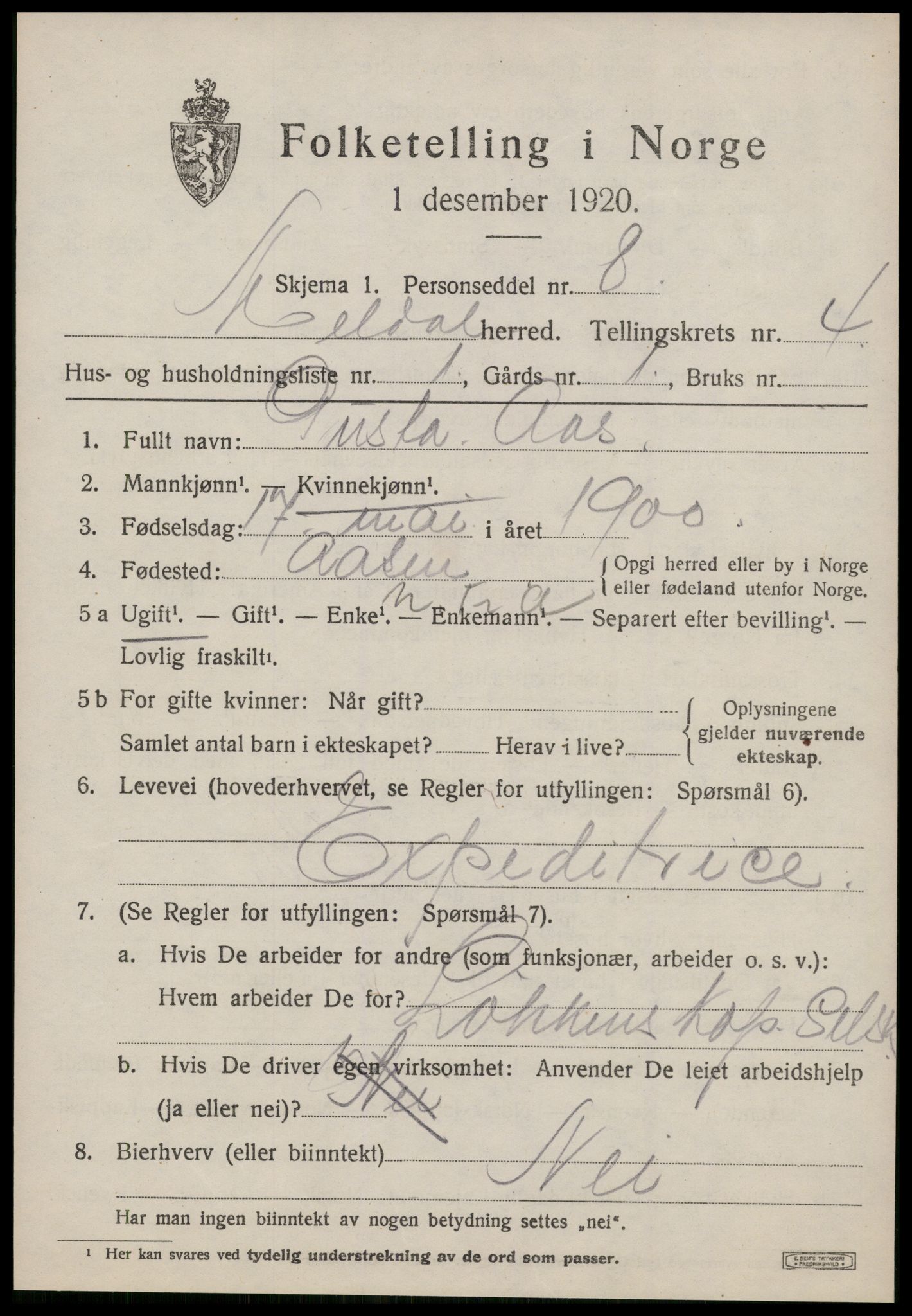 SAT, 1920 census for Meldal, 1920, p. 3645