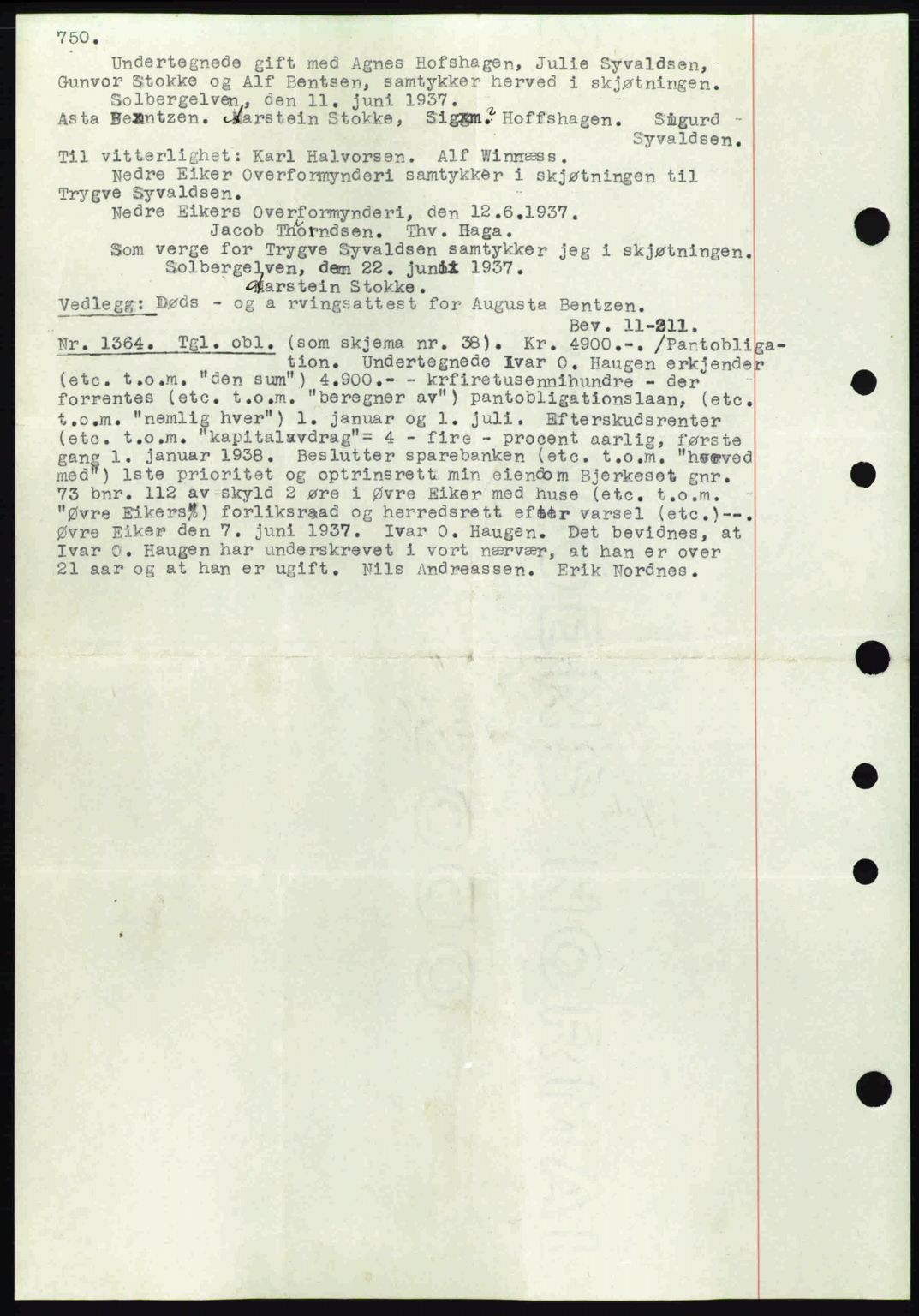 Eiker, Modum og Sigdal sorenskriveri, SAKO/A-123/G/Ga/Gab/L0035: Mortgage book no. A5, 1937-1937, Diary no: : 1364/1937