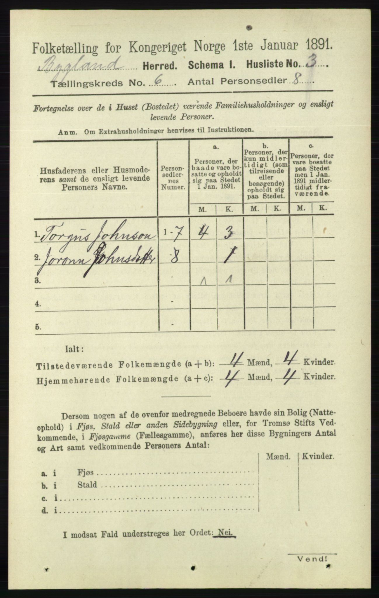 RA, 1891 census for 0938 Bygland, 1891, p. 1310