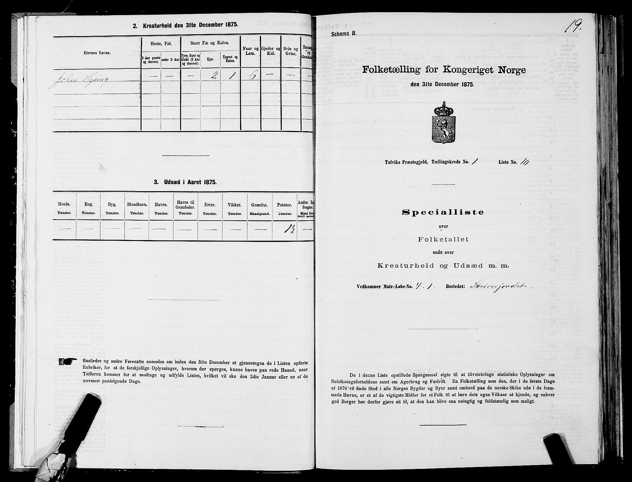 SATØ, 1875 census for 2013P Talvik, 1875, p. 1019