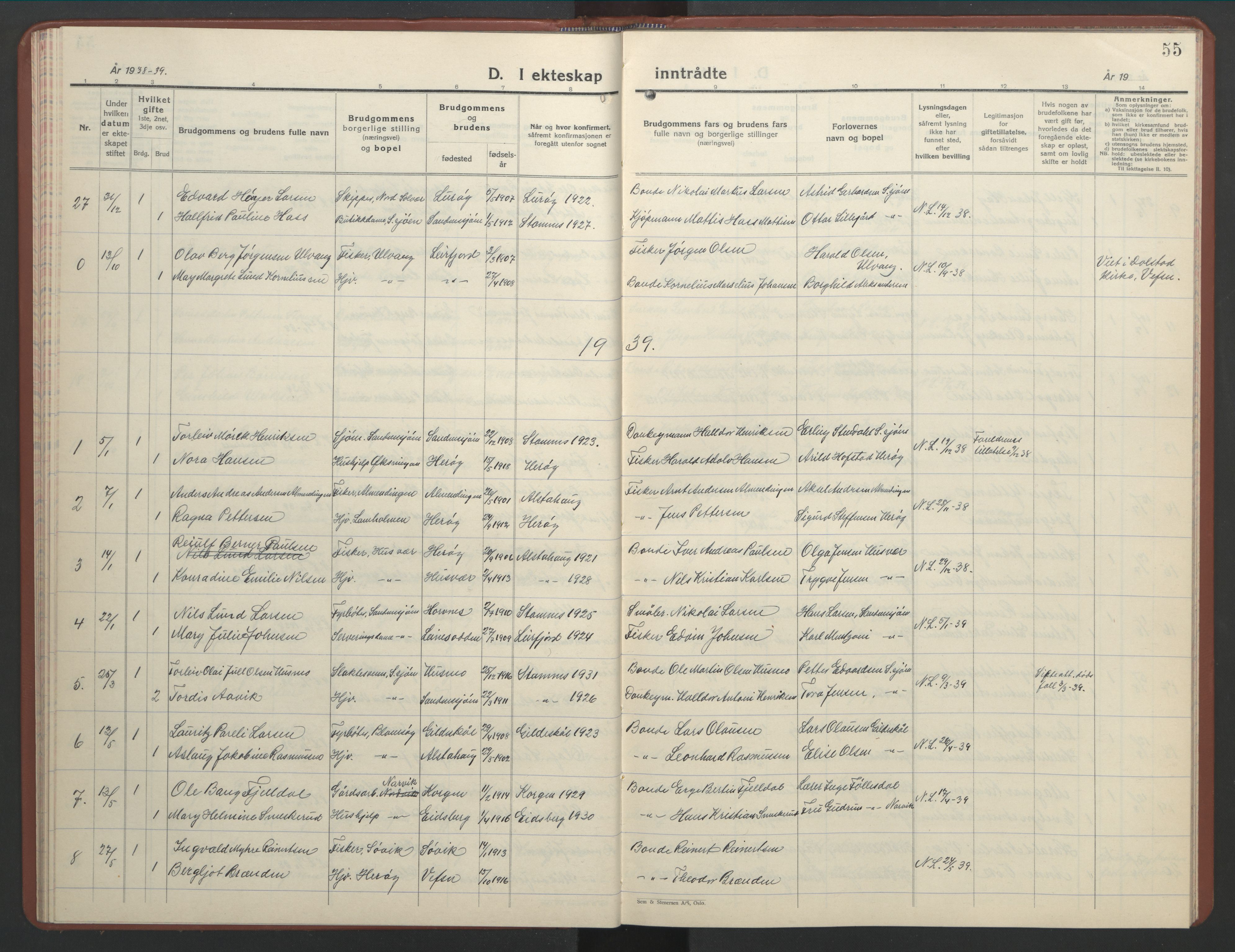 Ministerialprotokoller, klokkerbøker og fødselsregistre - Nordland, AV/SAT-A-1459/831/L0481: Parish register (copy) no. 831C08, 1935-1948, p. 55