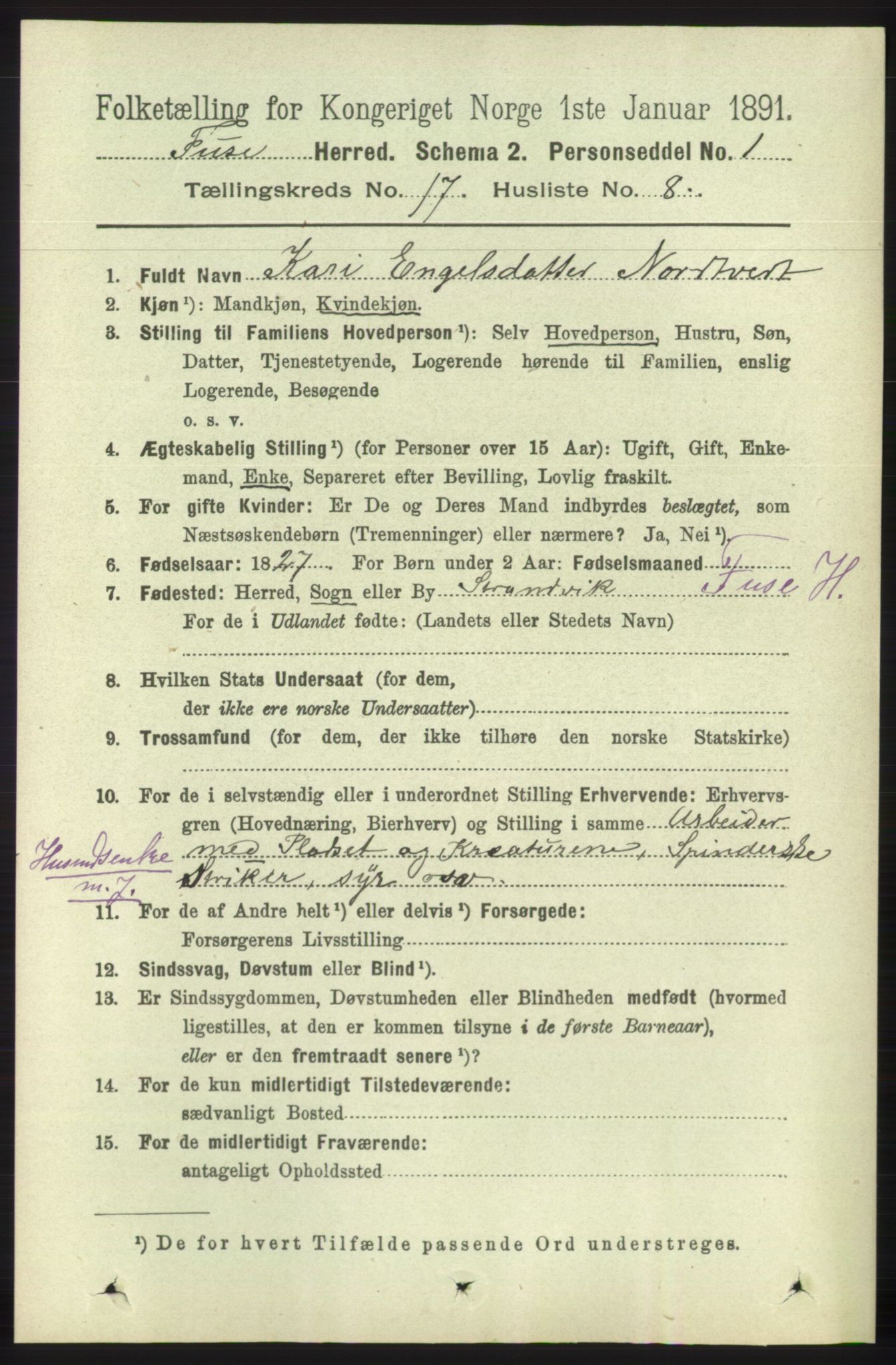 RA, 1891 census for 1241 Fusa, 1891, p. 3849