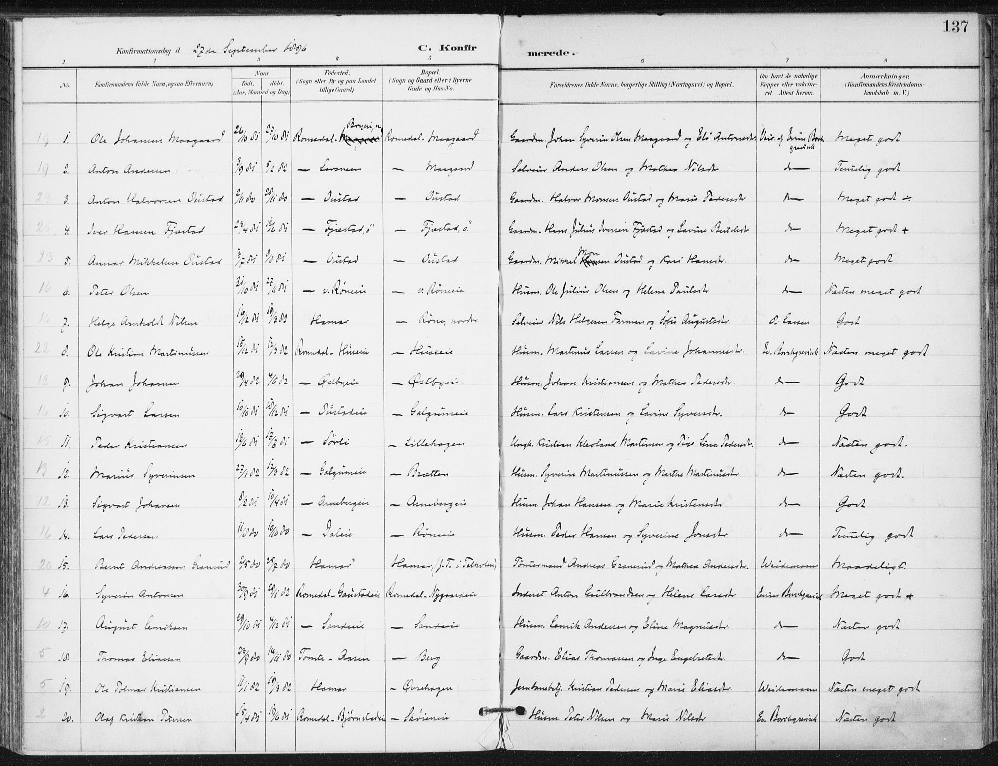 Romedal prestekontor, SAH/PREST-004/K/L0011: Parish register (official) no. 11, 1896-1912, p. 137