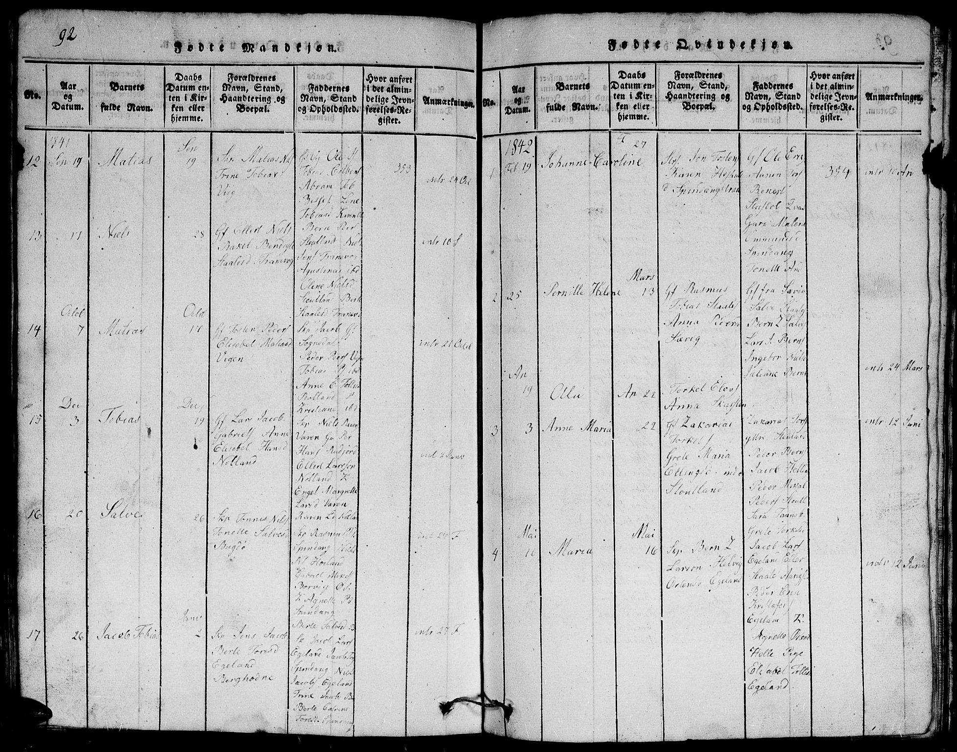 Herad sokneprestkontor, SAK/1111-0018/F/Fb/Fbb/L0001: Parish register (copy) no. B 1, 1815-1852, p. 92