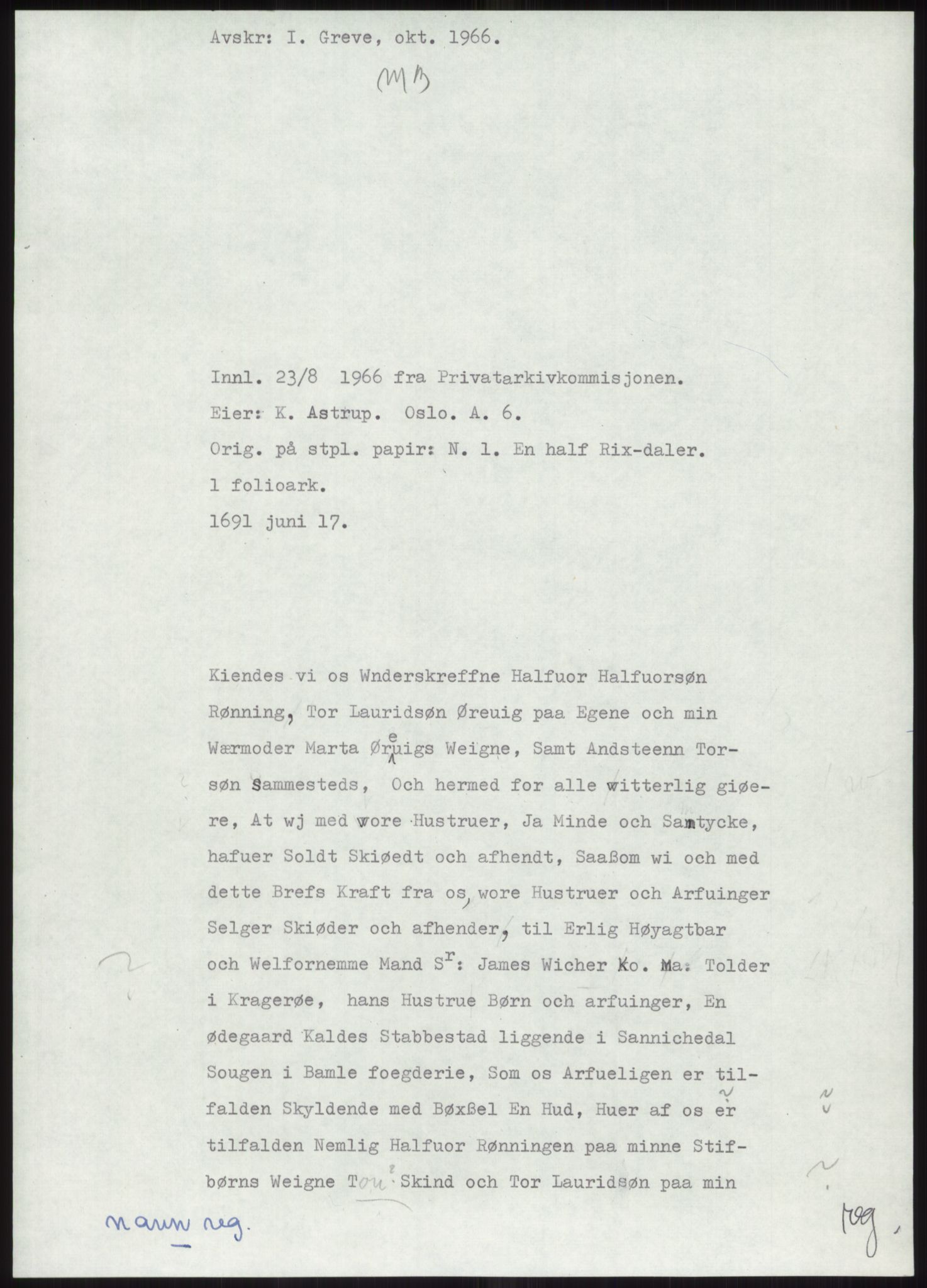 Samlinger til kildeutgivelse, Diplomavskriftsamlingen, RA/EA-4053/H/Ha, p. 1313