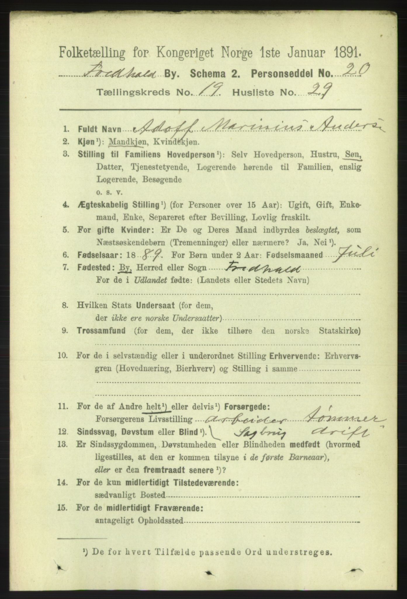 RA, 1891 census for 0101 Fredrikshald, 1891, p. 12364