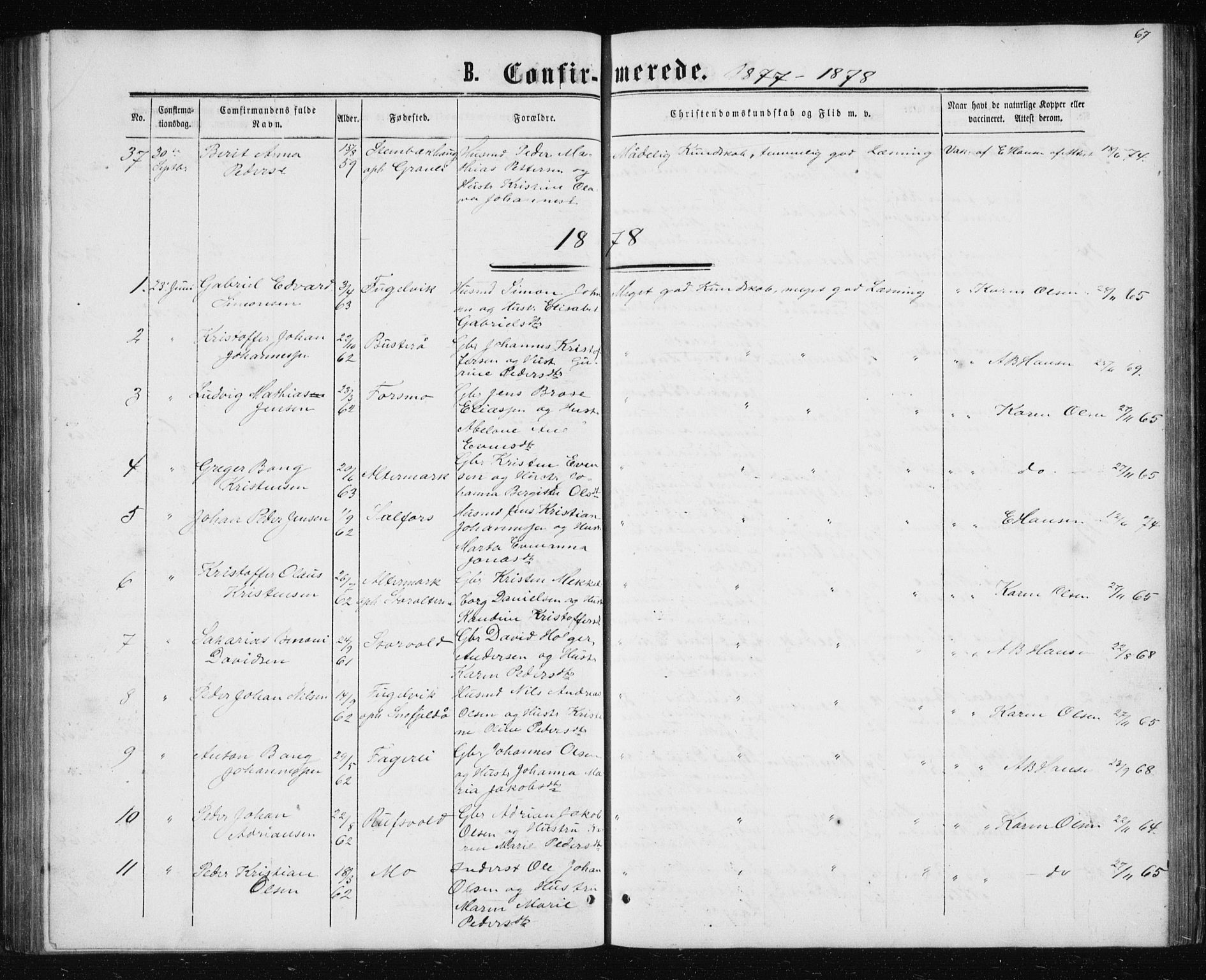 Ministerialprotokoller, klokkerbøker og fødselsregistre - Nordland, AV/SAT-A-1459/827/L0416: Parish register (copy) no. 827C05, 1865-1886, p. 67