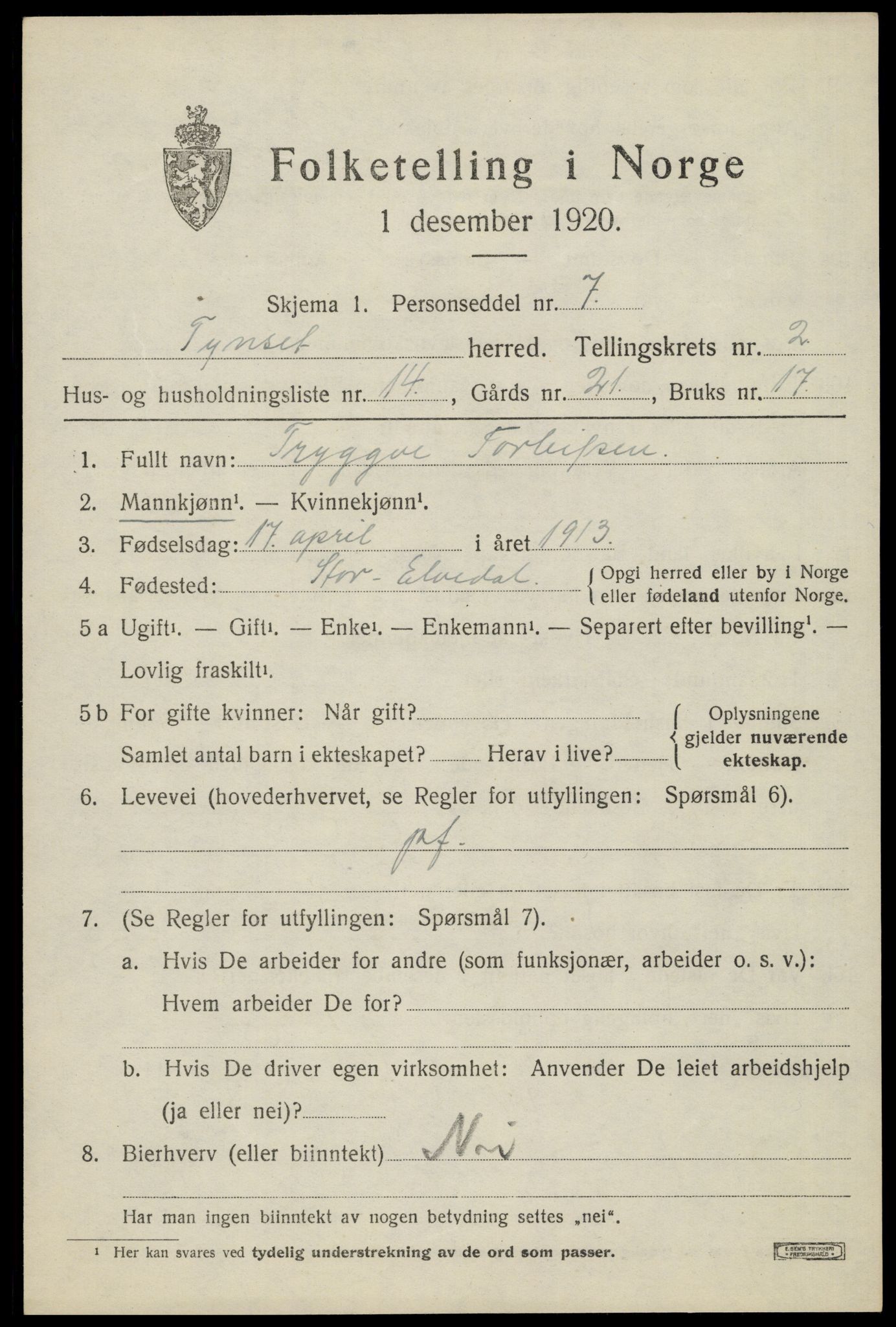 SAH, 1920 census for Tynset, 1920, p. 2458