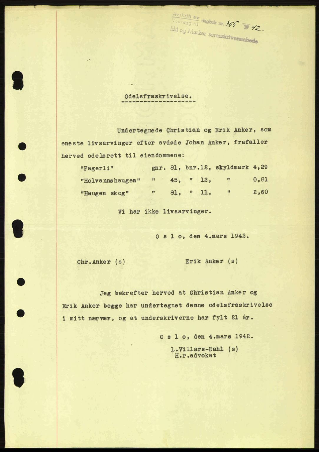 Idd og Marker sorenskriveri, AV/SAO-A-10283/G/Gb/Gbb/L0005: Mortgage book no. A5, 1941-1943, Diary no: : 355/1942