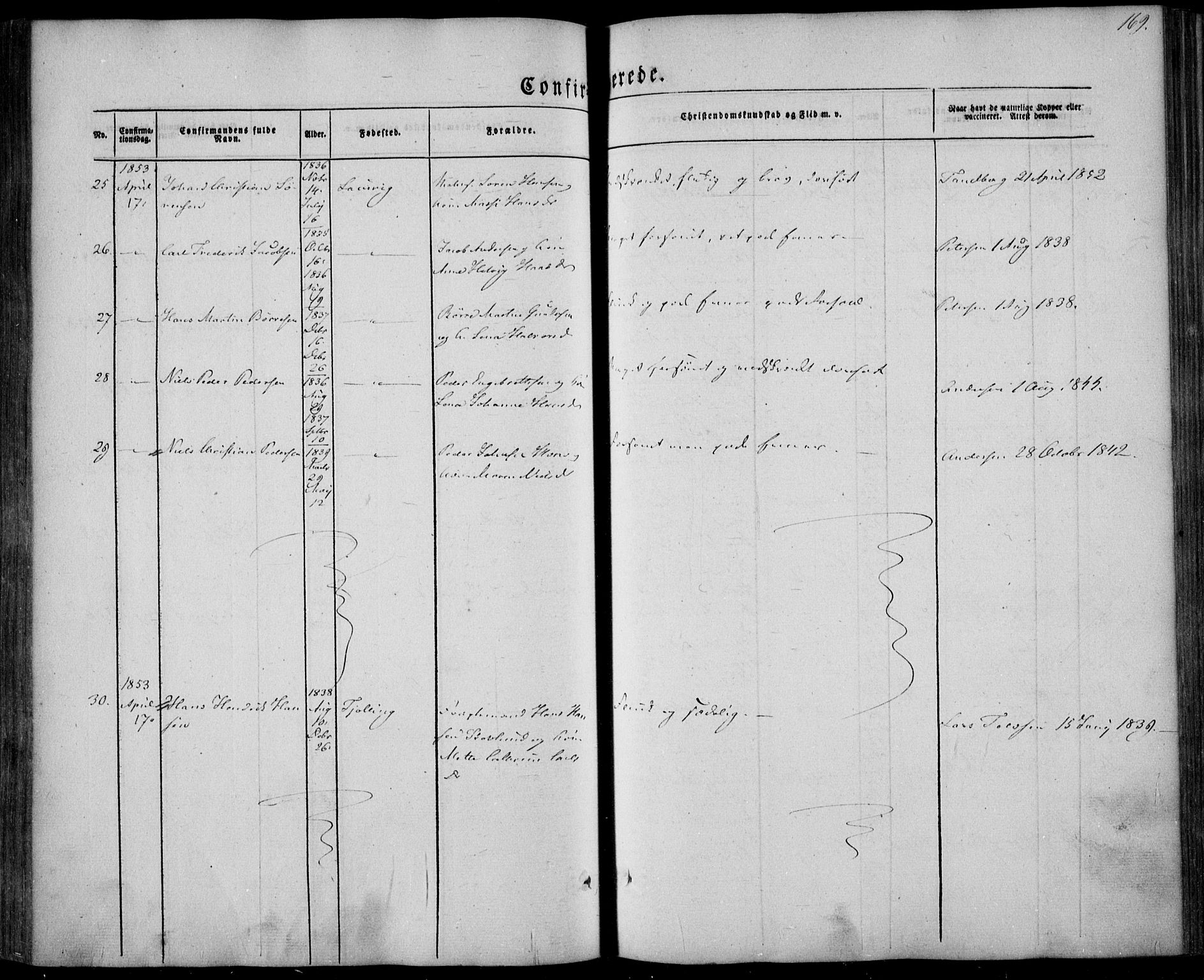 Larvik kirkebøker, AV/SAKO-A-352/F/Fa/L0003: Parish register (official) no. I 3, 1848-1856, p. 169