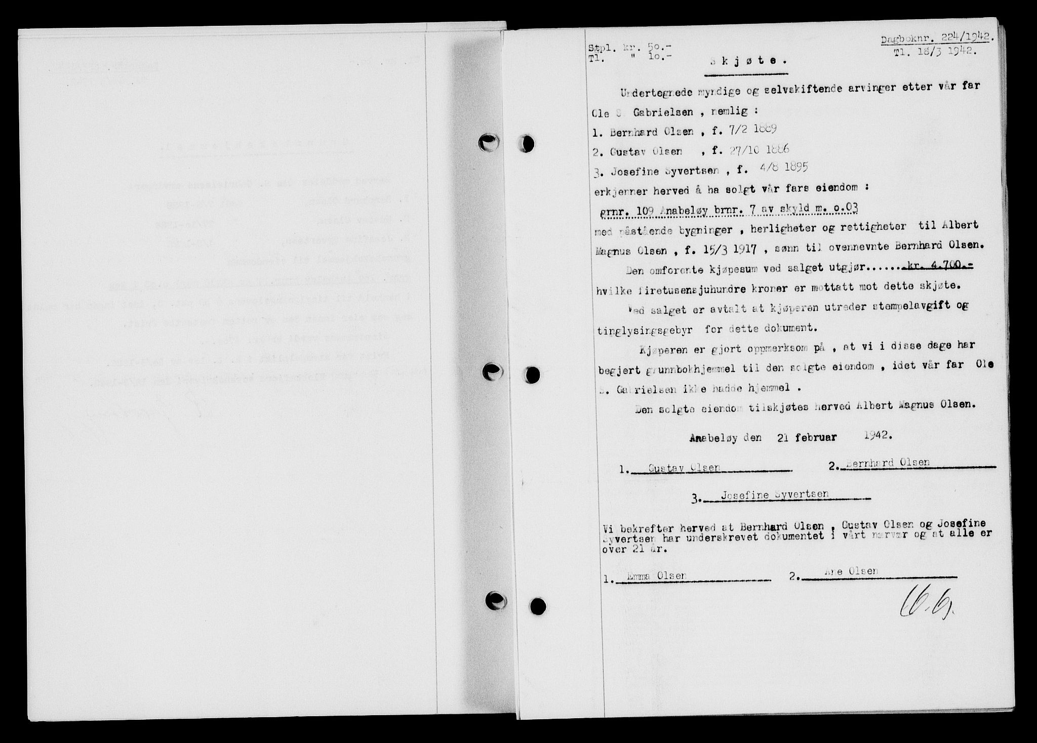 Flekkefjord sorenskriveri, SAK/1221-0001/G/Gb/Gba/L0057: Mortgage book no. A-5, 1941-1942, Diary no: : 224/1942