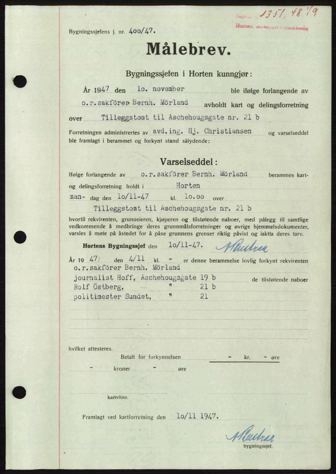 Horten sorenskriveri, AV/SAKO-A-133/G/Ga/Gaa/L0011: Mortgage book no. A-11, 1948-1948, Diary no: : 1351/1948