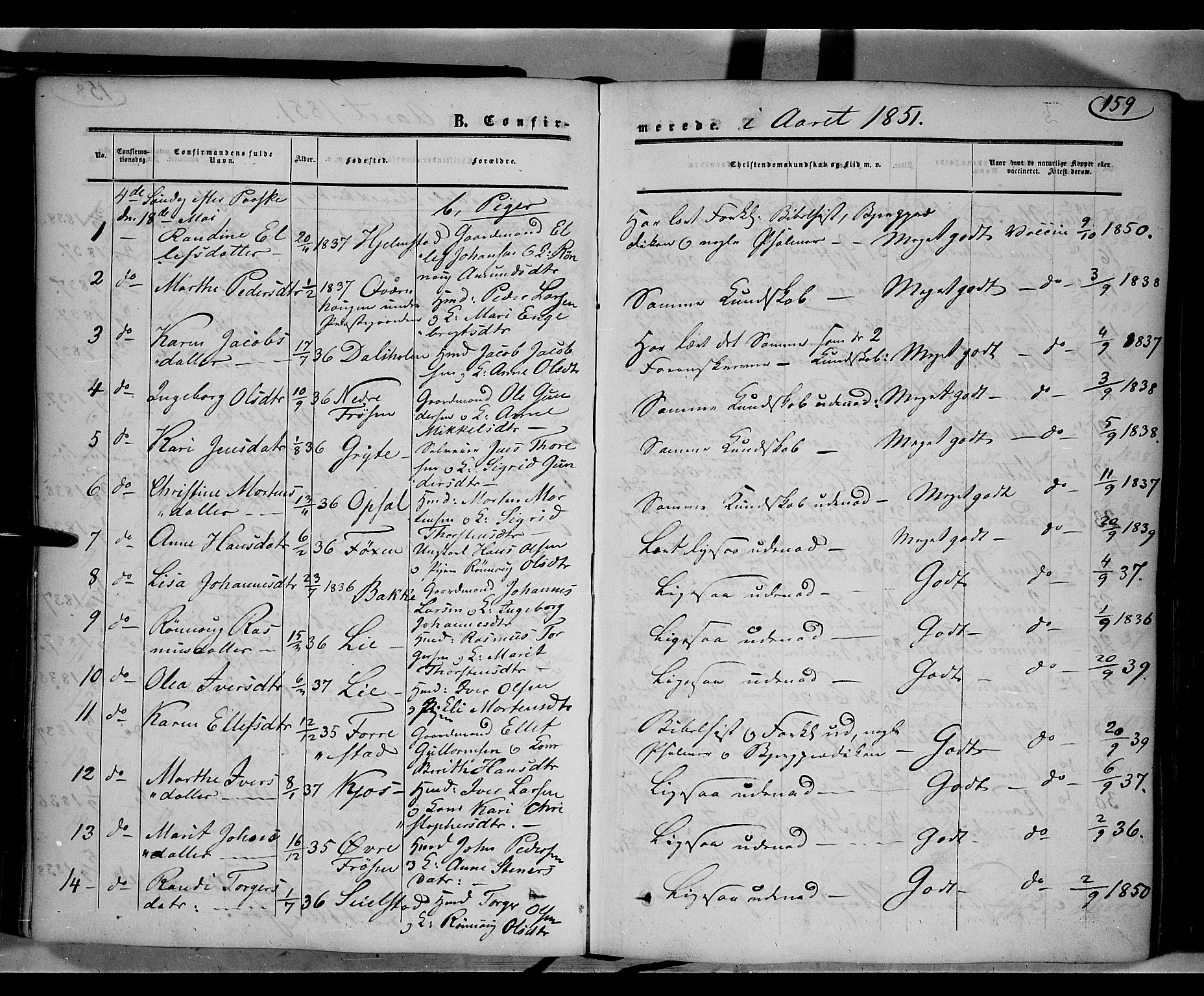 Gausdal prestekontor, SAH/PREST-090/H/Ha/Haa/L0008: Parish register (official) no. 8, 1850-1861, p. 159