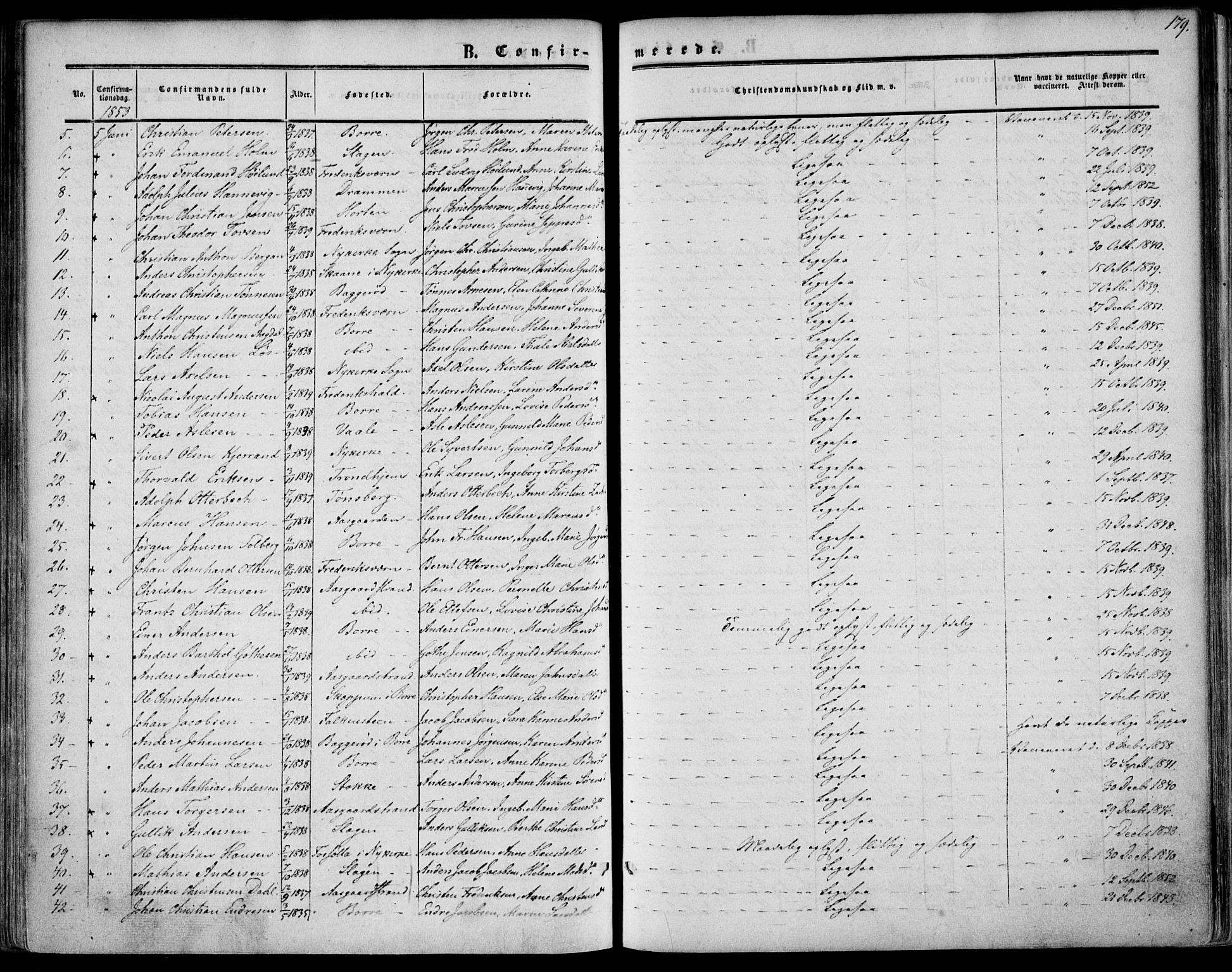 Borre kirkebøker, SAKO/A-338/F/Fa/L0006: Parish register (official) no. I 6, 1852-1862, p. 179