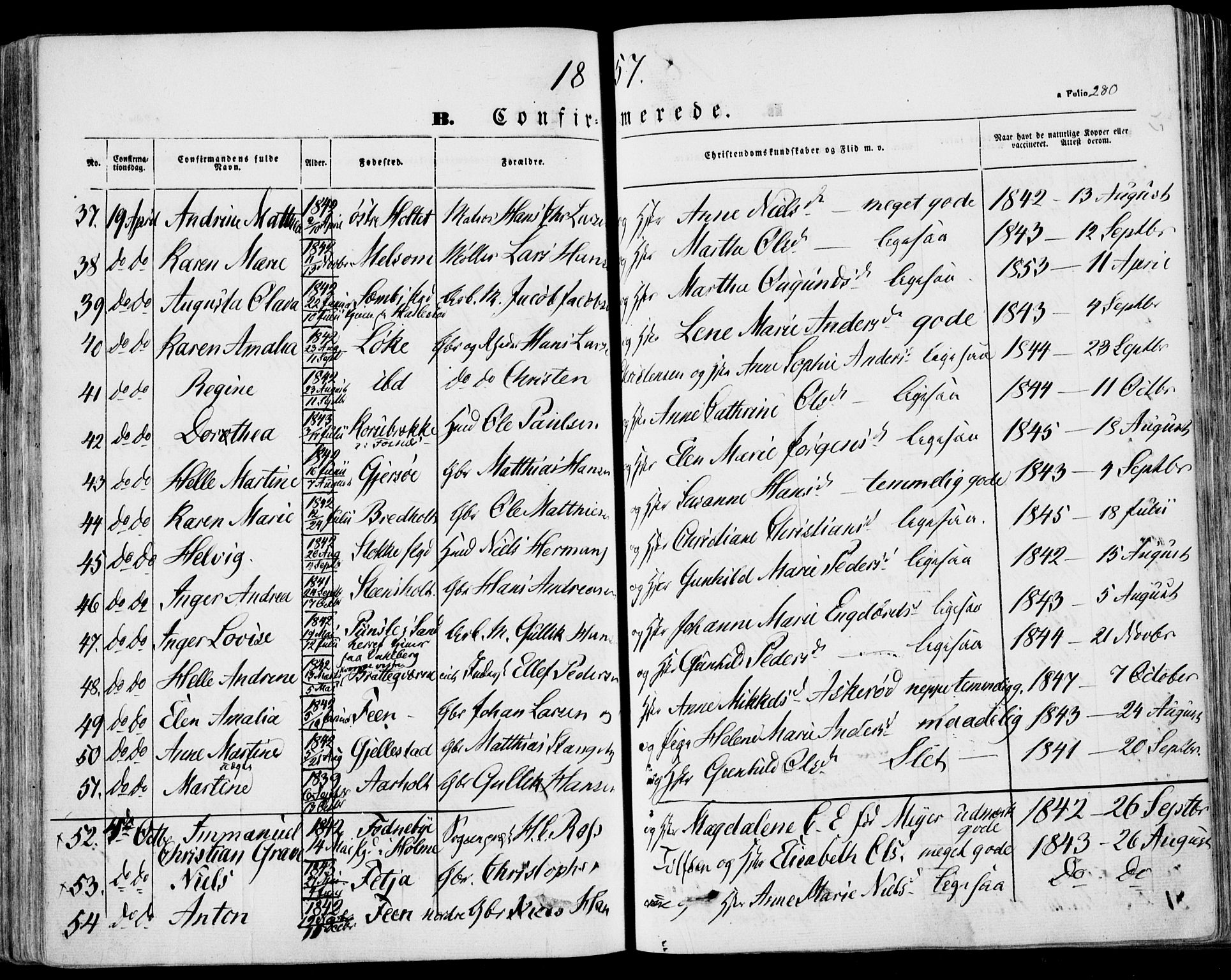 Stokke kirkebøker, AV/SAKO-A-320/F/Fa/L0007: Parish register (official) no. I 7, 1844-1857, p. 280