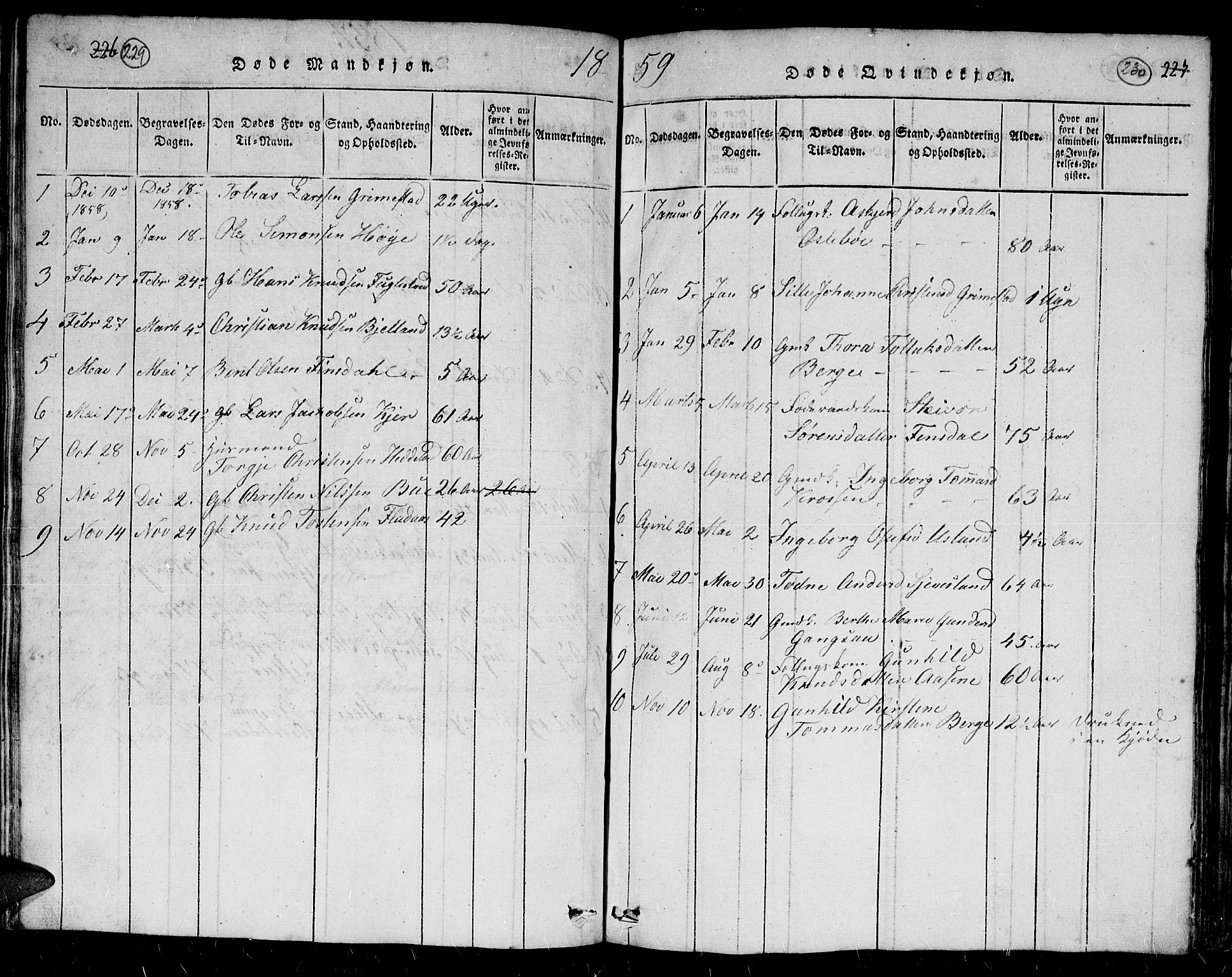 Holum sokneprestkontor, AV/SAK-1111-0022/F/Fb/Fbc/L0001: Parish register (copy) no. B 1, 1820-1859, p. 229-230