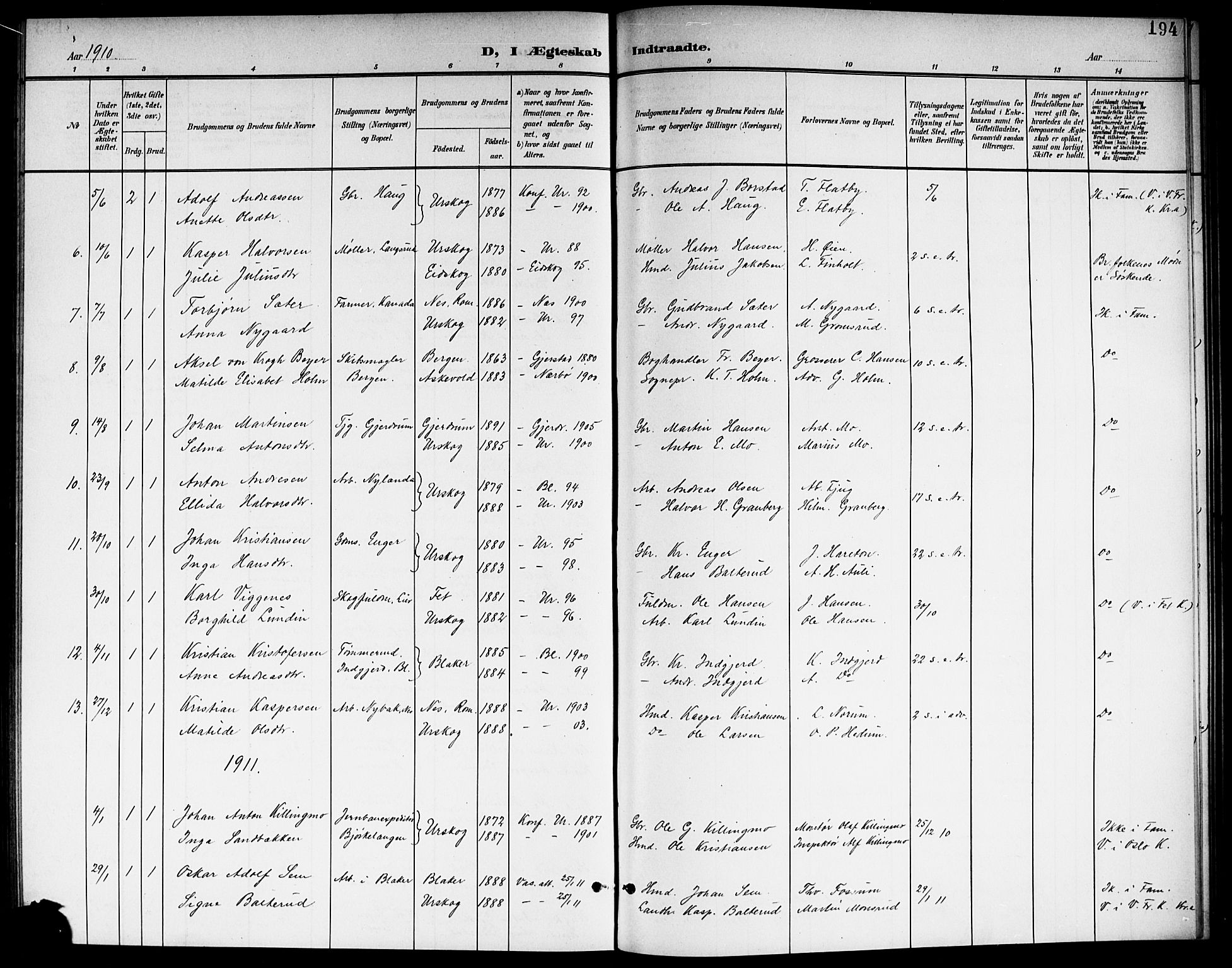 Aurskog prestekontor Kirkebøker, SAO/A-10304a/G/Ga/L0004: Parish register (copy) no. I 4, 1901-1921, p. 194