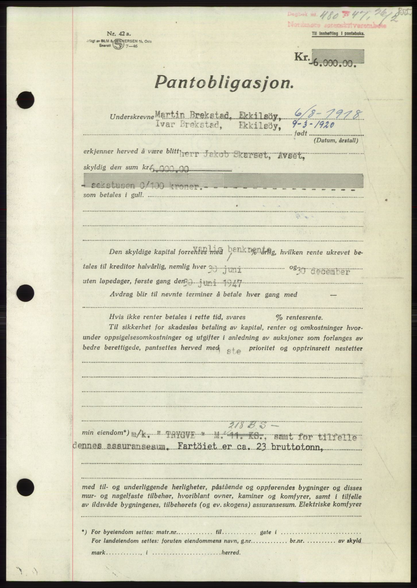 Nordmøre sorenskriveri, AV/SAT-A-4132/1/2/2Ca: Mortgage book no. B95, 1946-1947, Diary no: : 480/1947