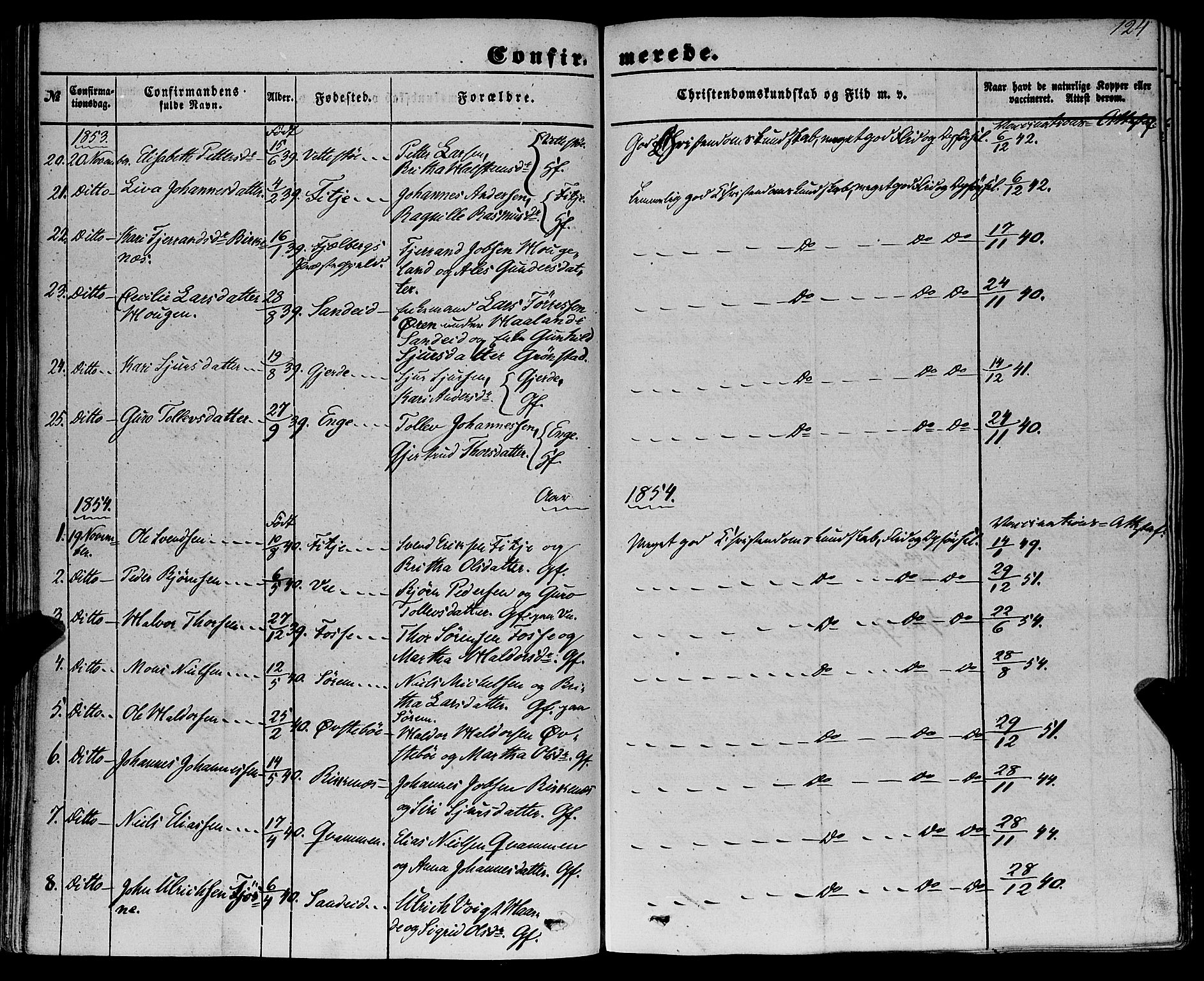 Etne sokneprestembete, AV/SAB-A-75001/H/Haa: Parish register (official) no. A 8, 1848-1862, p. 124